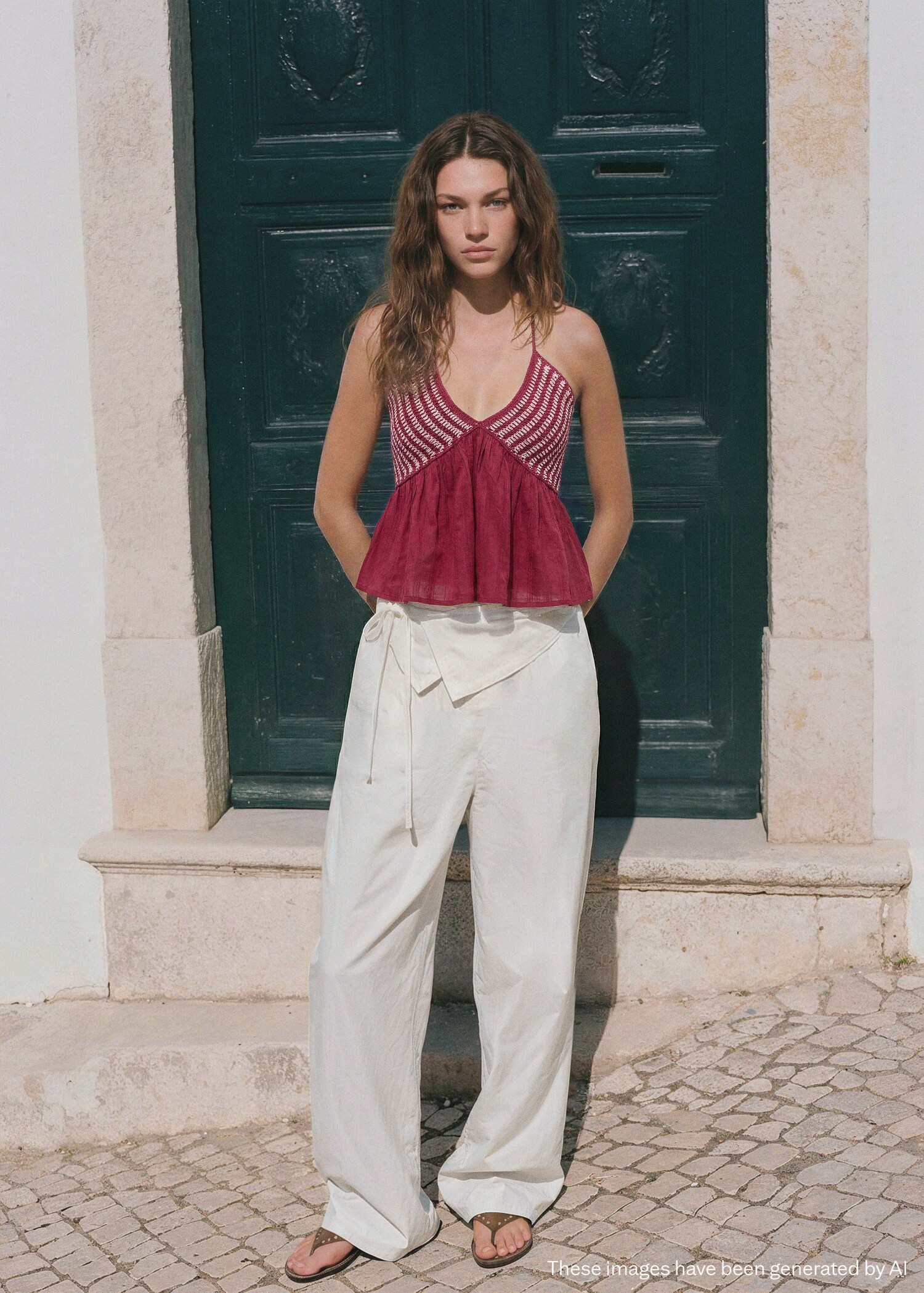 بنطلون كتان بتفاصيل وشاح - رؤية عامة