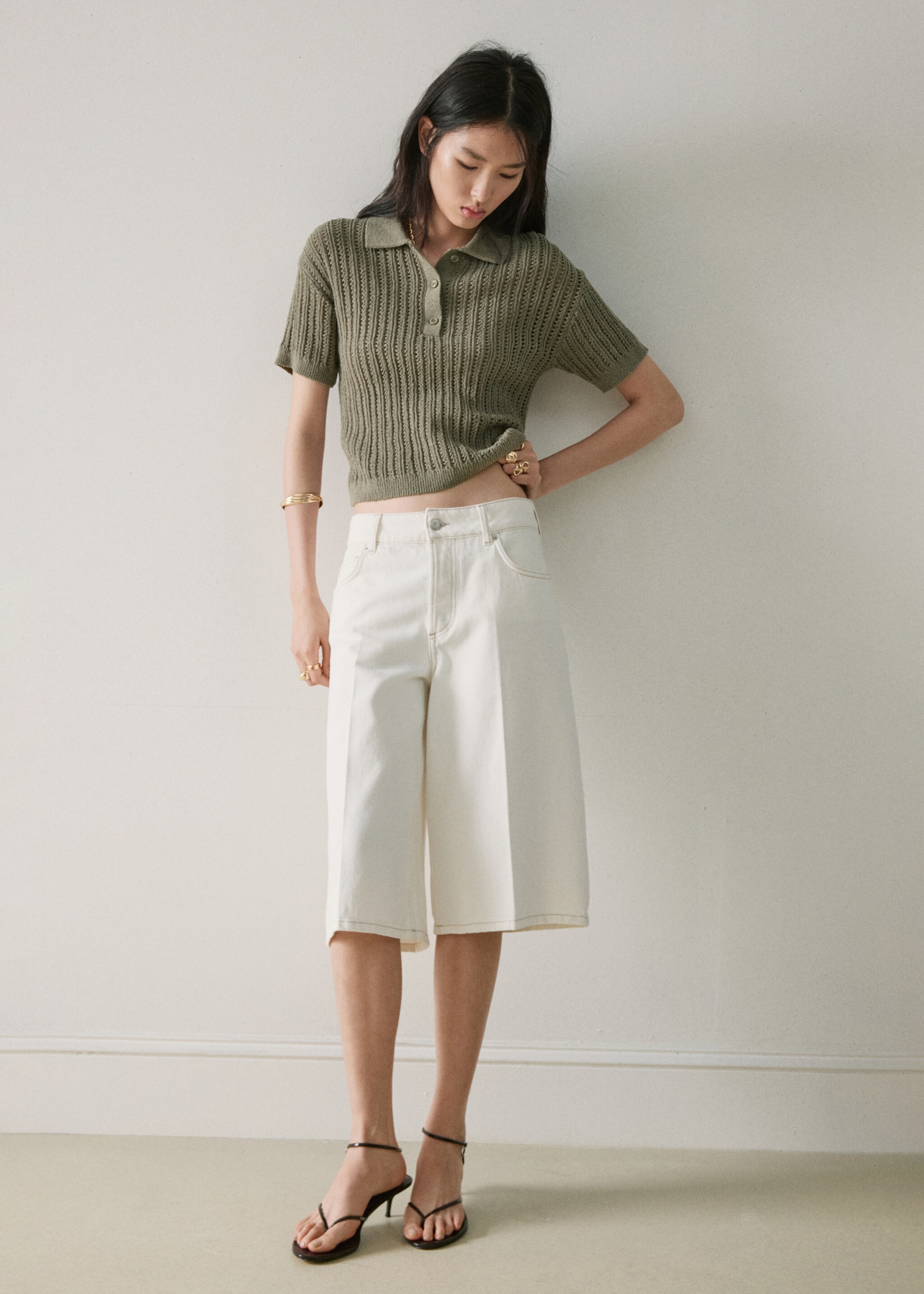 Openwork knitted polo-neck sweater - General plane, Khaki. Ref: 27047138-00.