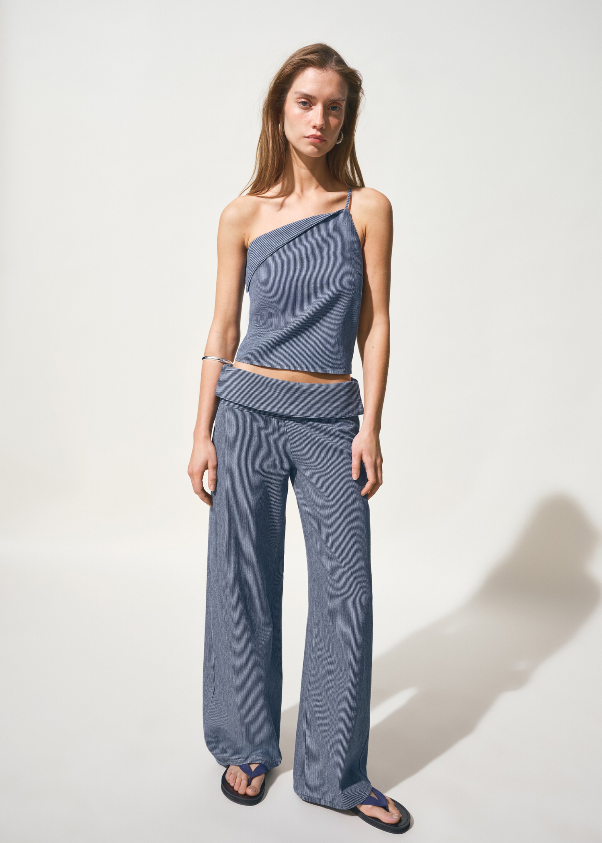 Wide leg striped jeans with rolled-up waist - General plane, Dark Blue. Ref: 27047139-00.