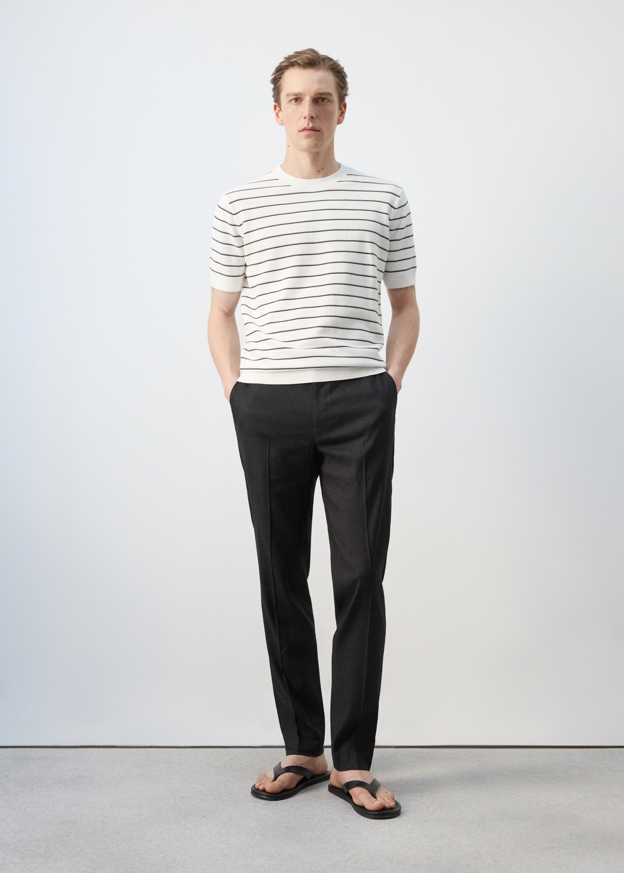 T-shirt coton maille rayures - Plan général, Blanc cassé. Ref: 27047914-00.