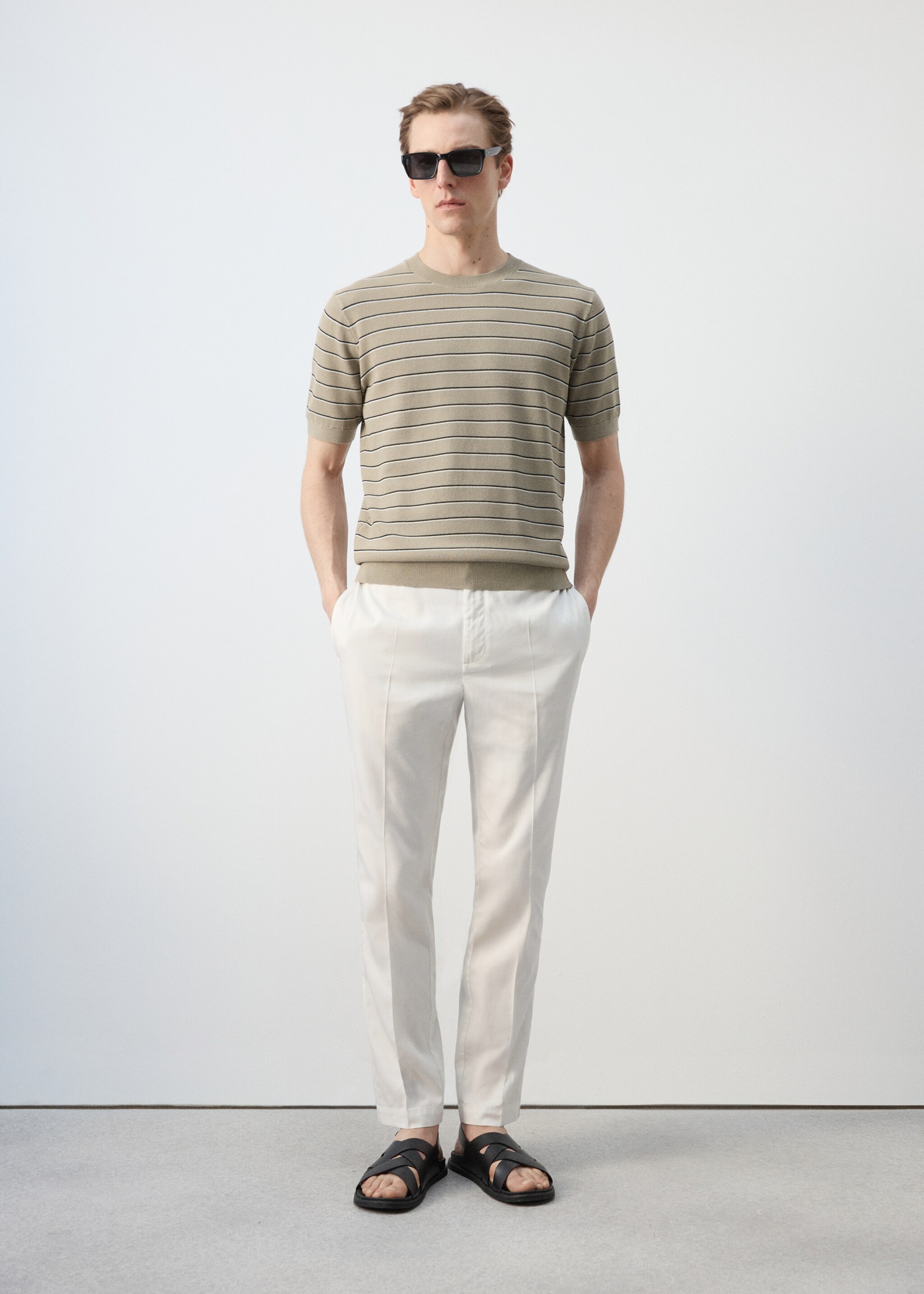 T-shirt coton maille rayures - Plan général, Beige. Ref: 27047914-00.