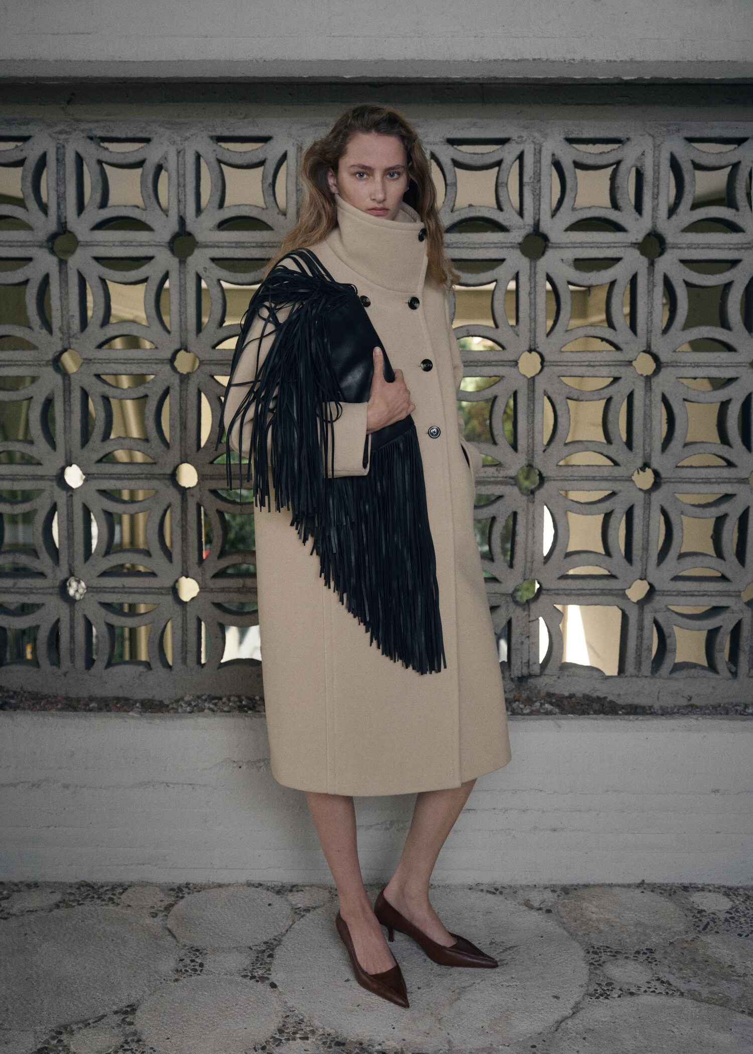 Wool-blend funnel-neck coat - General plane