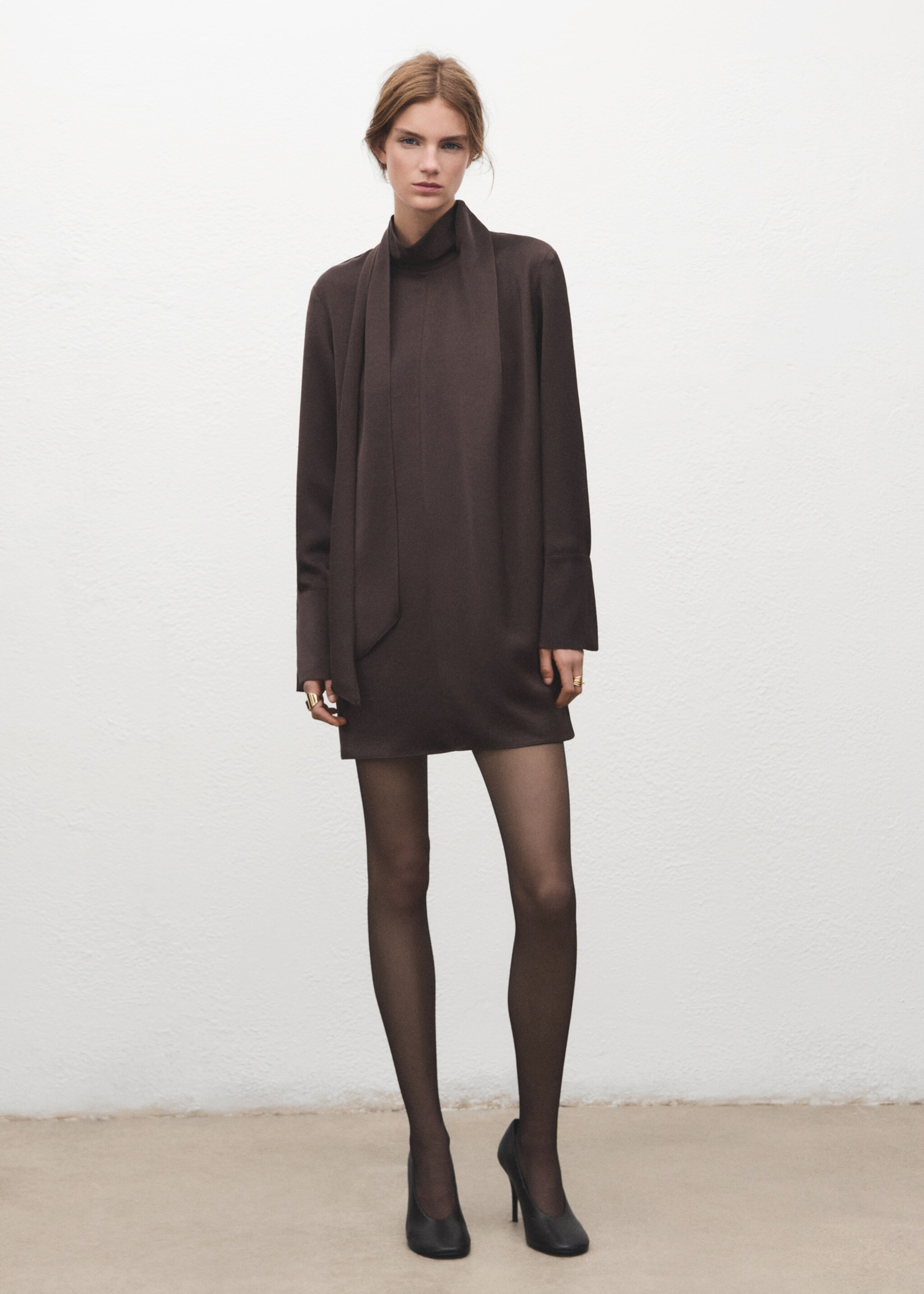 Satin dress with foulard - General plane, Brown. Ref: 27051284-00.