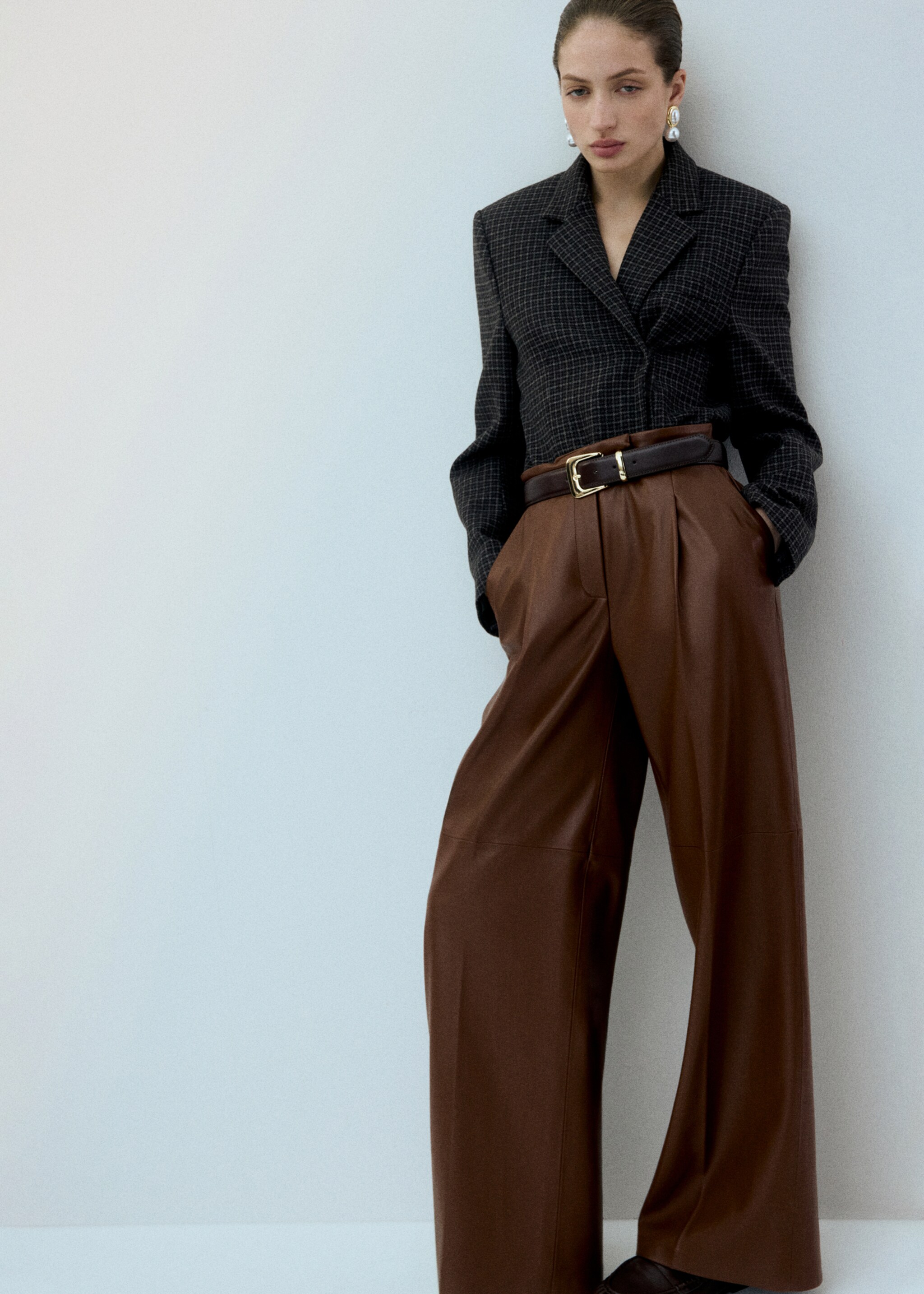 Wide-leg faux-leather trousers - General plane, Medium Brown. Ref: 27051290-00.