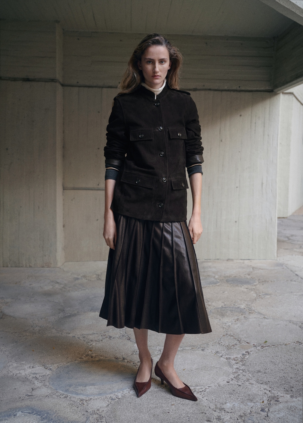 Suede jacket with band collar