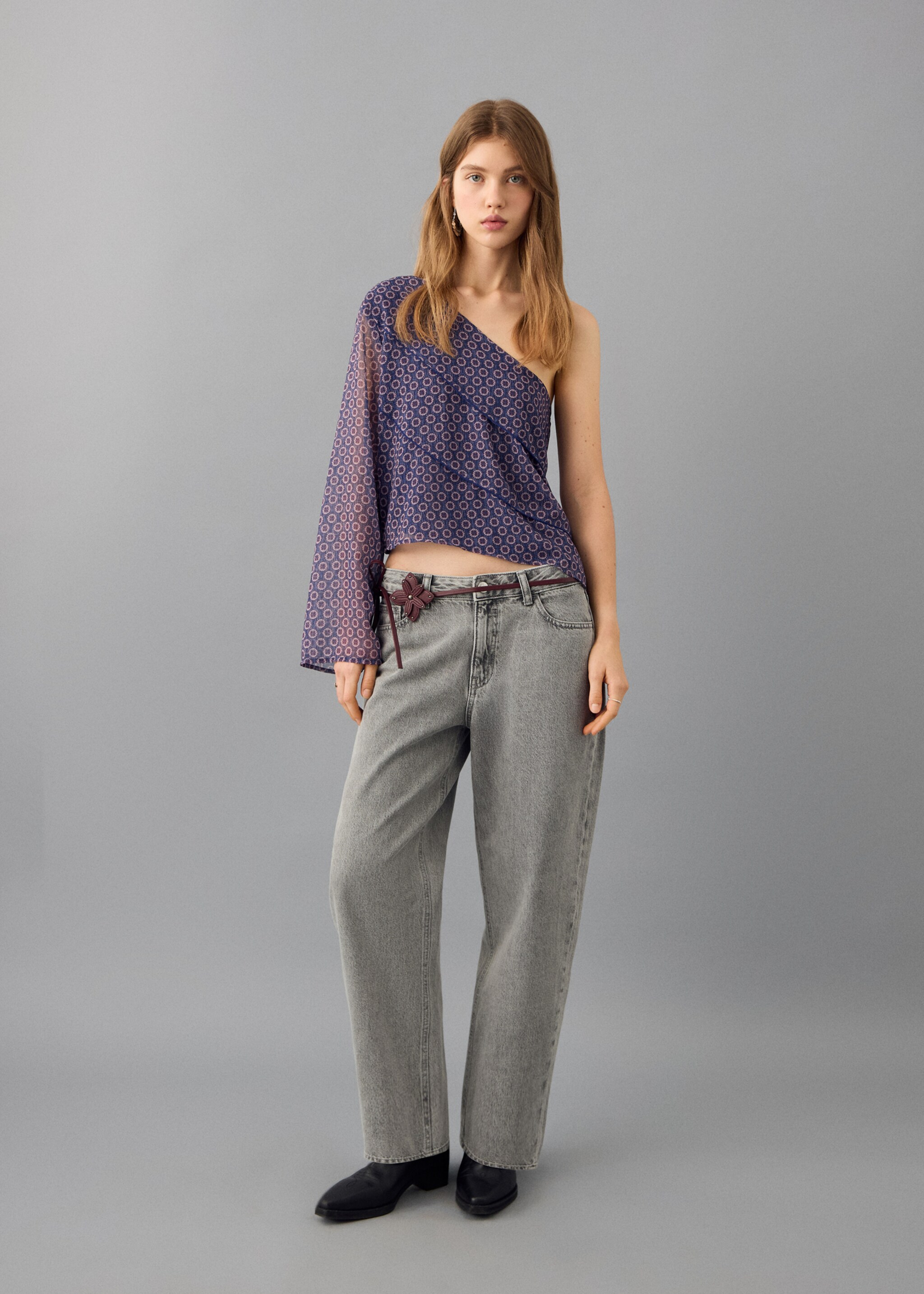 Asymmetrical printed blouse - General plane, Dark Navy. Ref: 27051511-00.