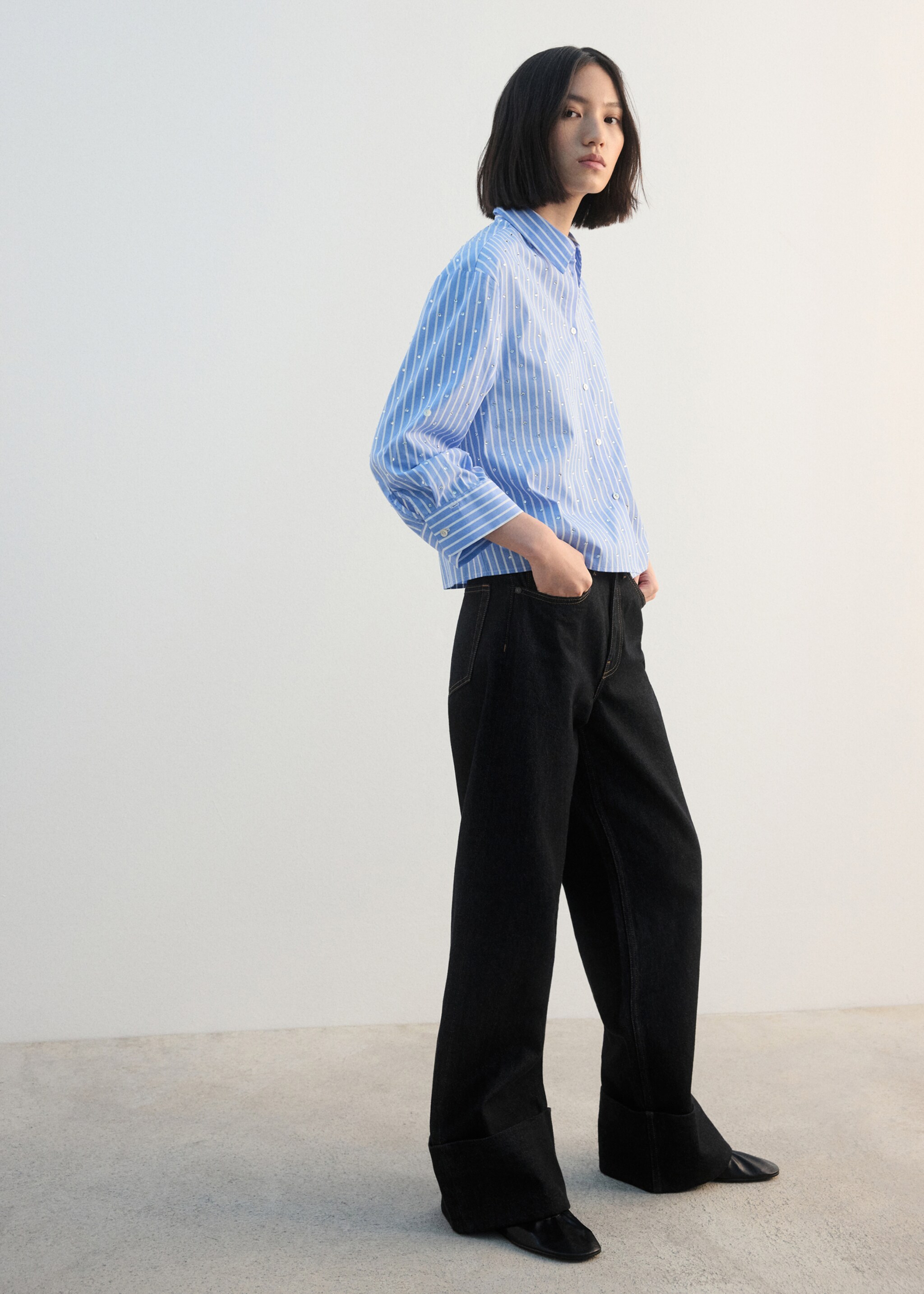 Striped crop blouse with strass - General plane, Blue. Ref: 27052539-00.