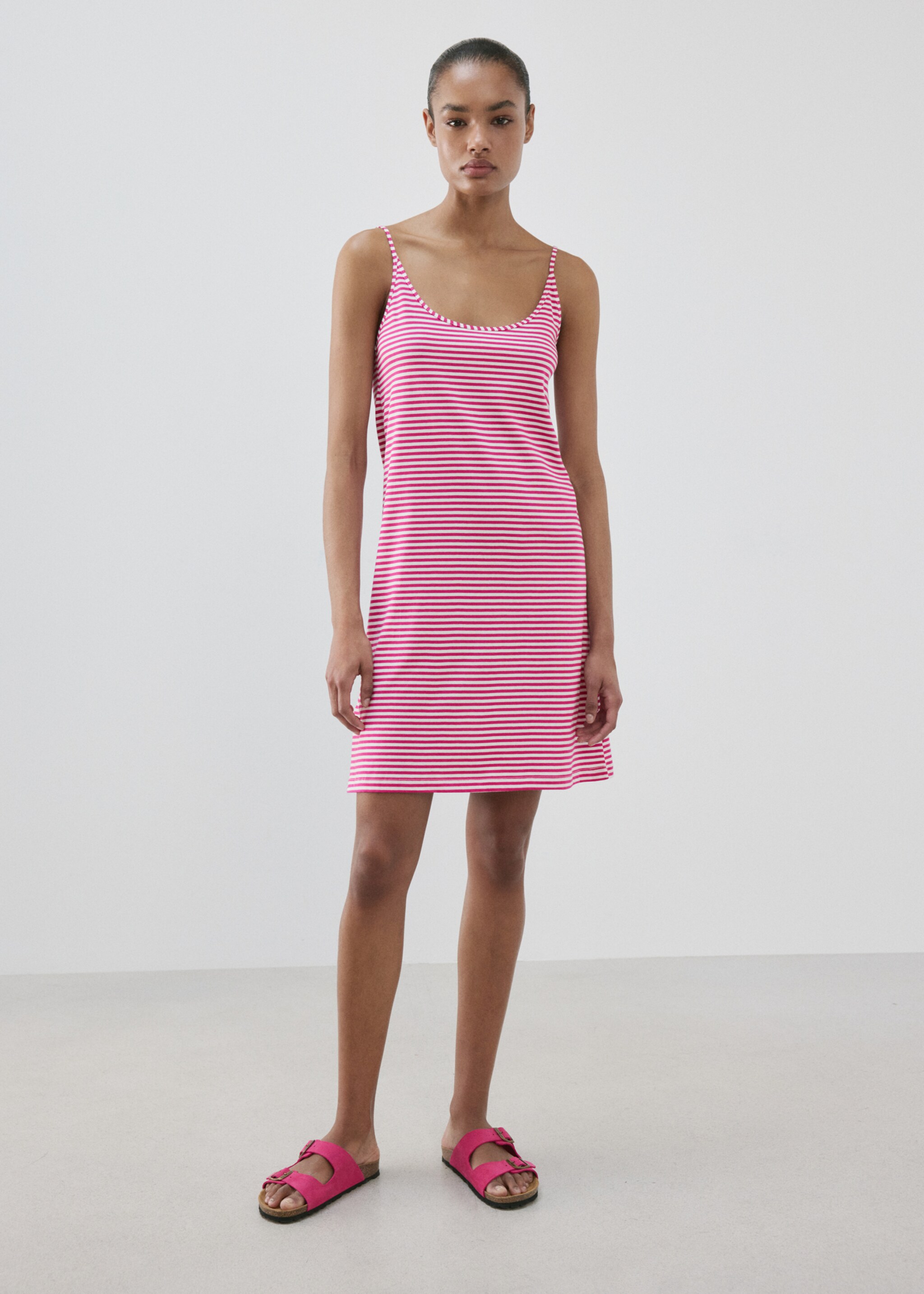 Cotton dress with woven stripe - General plane, Fuchsia. Ref: 27053343-00.