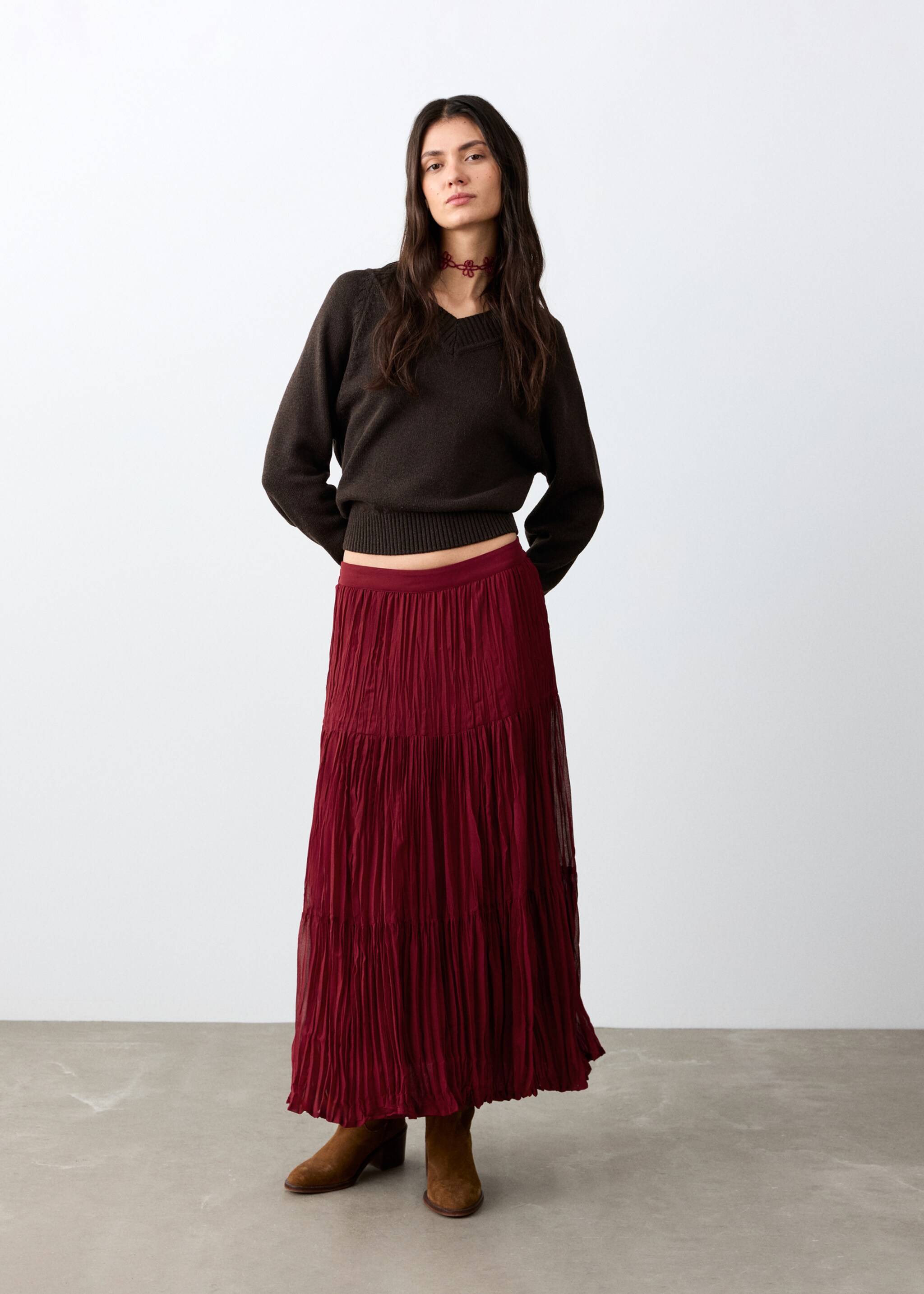 플로위 롱 스커트 - 일반 평면도, 레드. Ref: 27053736-00.