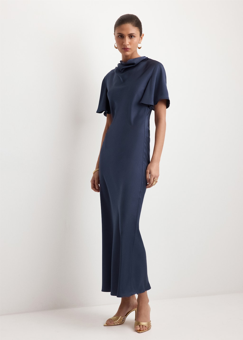 Draped neck satin dress