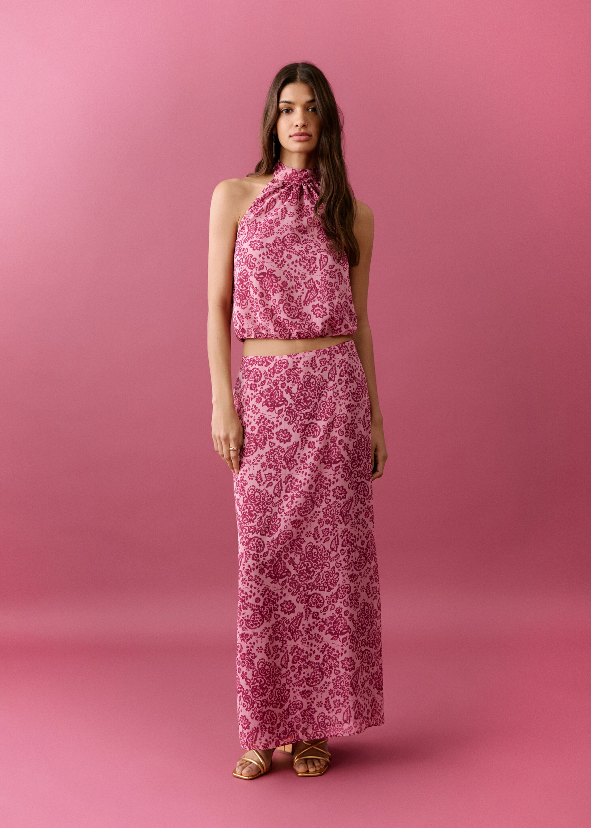 Gemusterte Neckholder-Bluse - Allgemeine Ansicht, Rosa. Ref: 27055811-00.