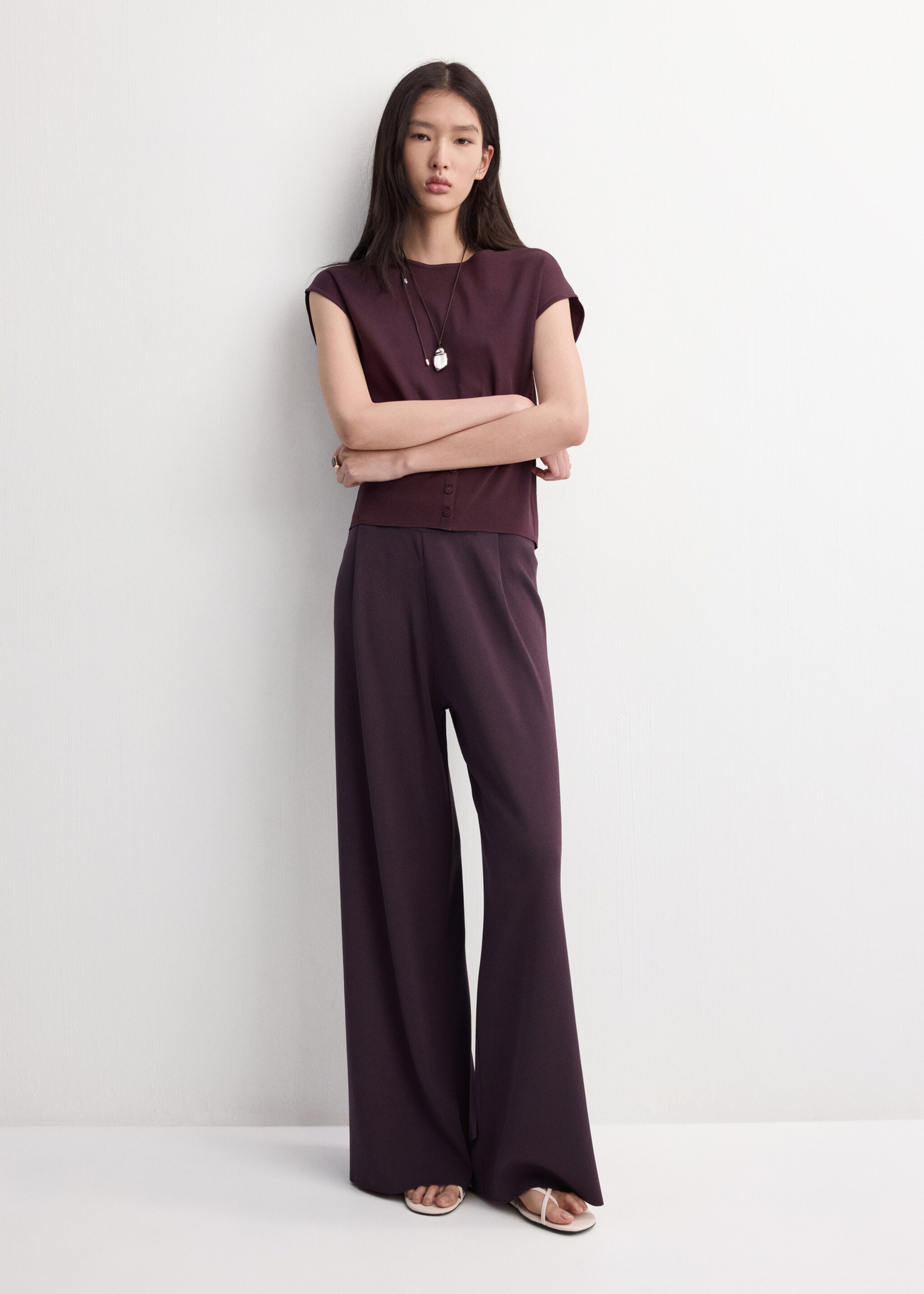 미드라이즈 니트 팬츠 - 일반 평면도, 버건디. Ref: 27055834-00.