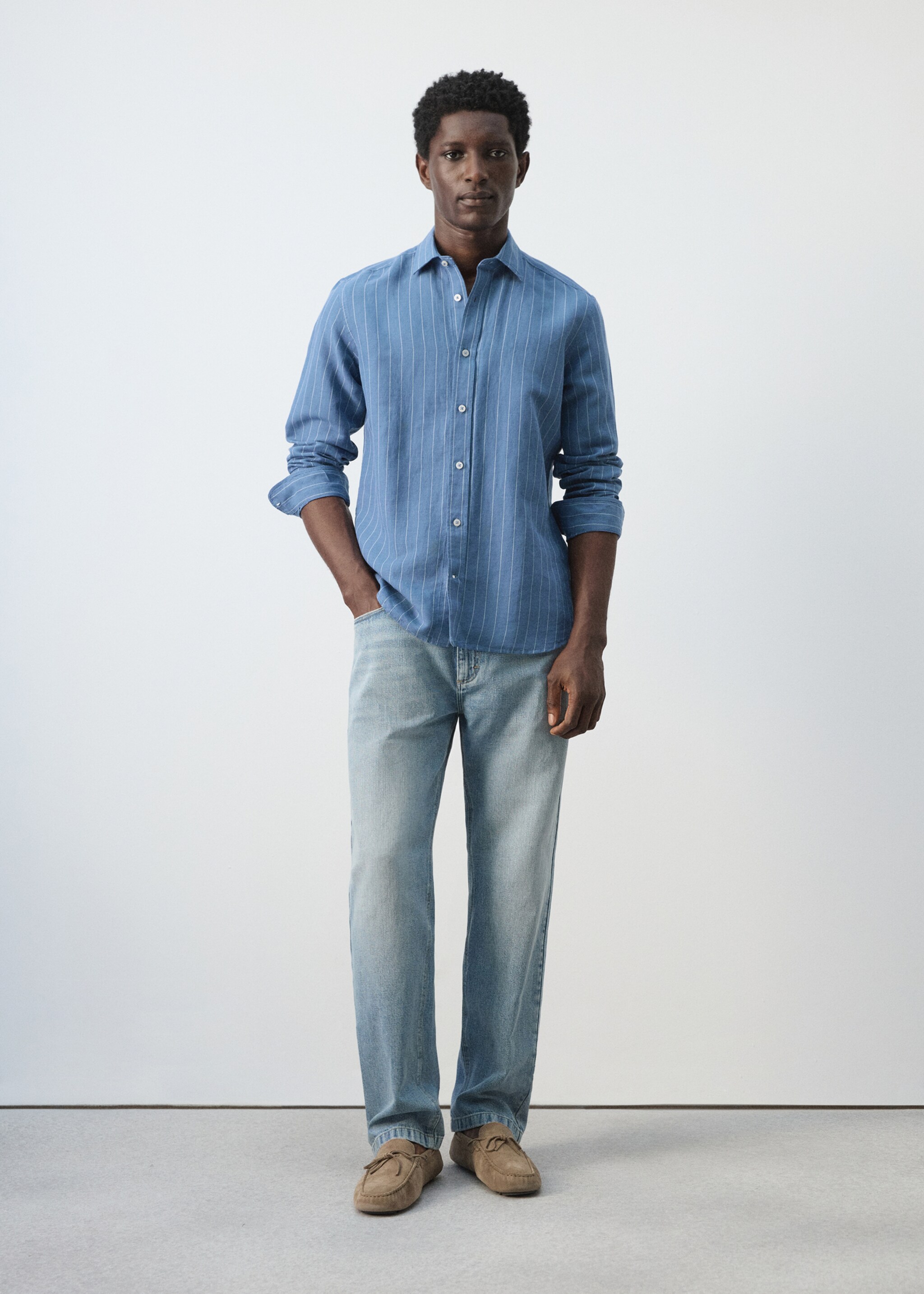 Regular-fit striped cotton-linen shirt - General plane, Ink Blue. Ref: 27055941-00.