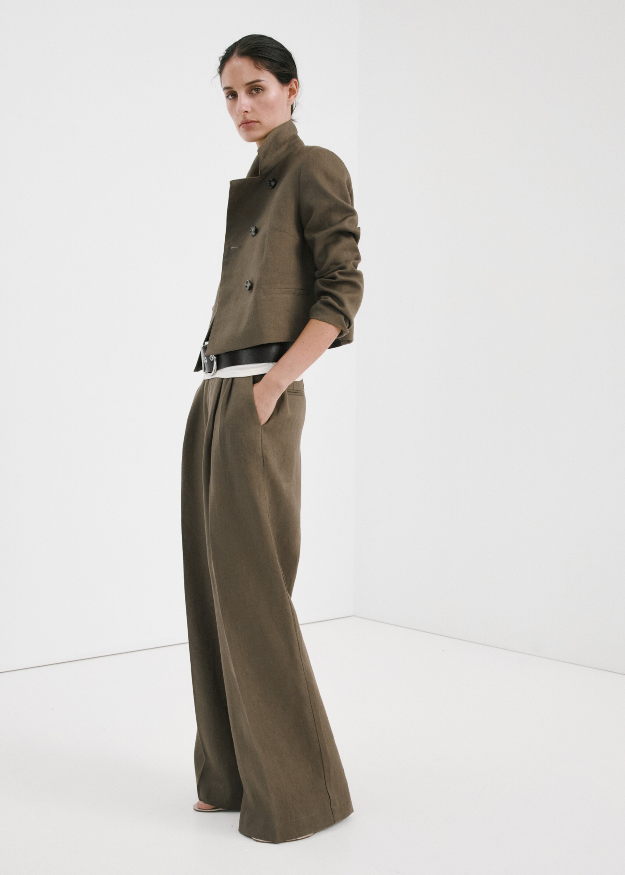 Straight linen-blend trousers - General plane, Khaki. Ref: 27057142-00.