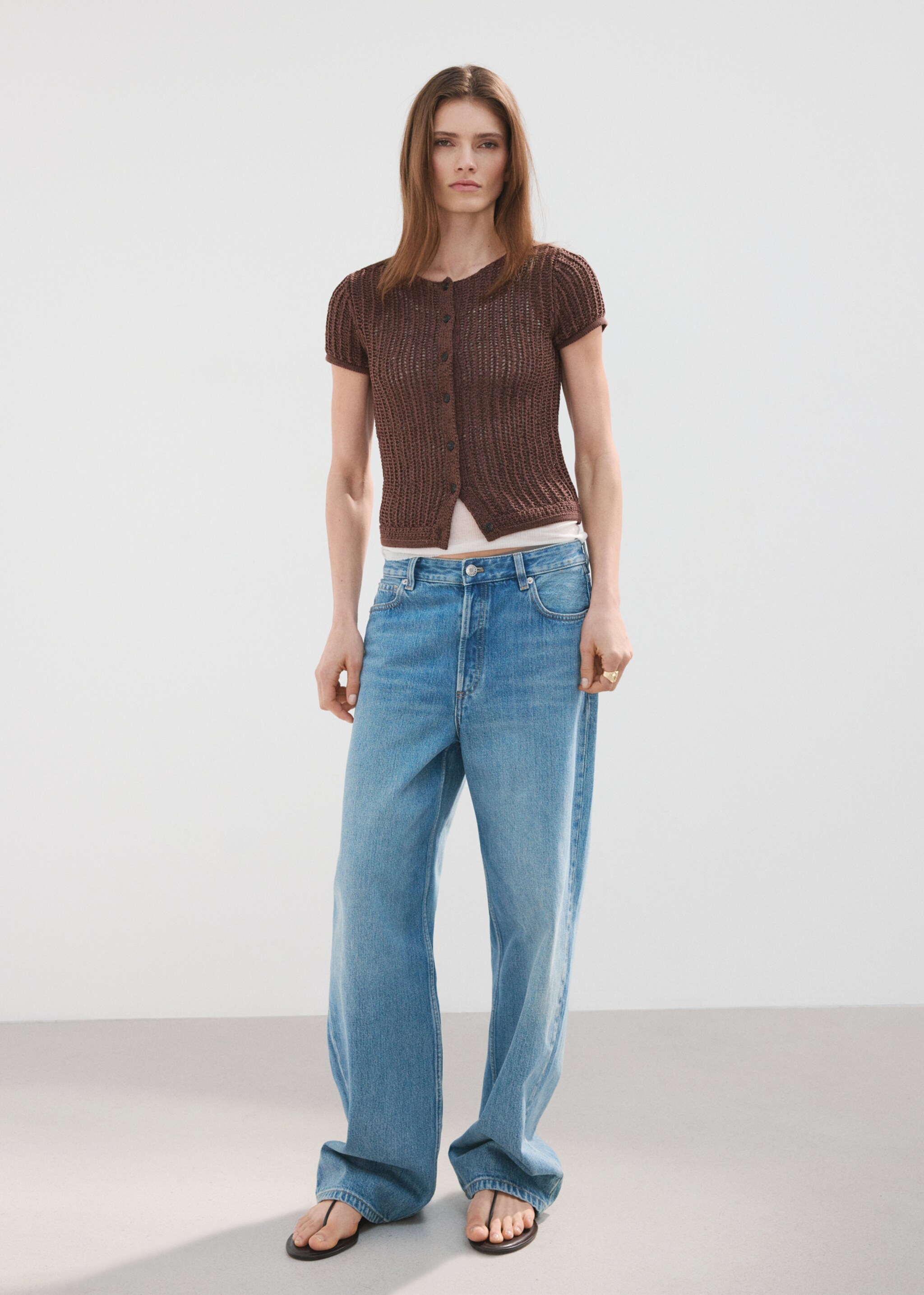 Short-sleeved crochet cardigan - General plane, Chocolate. Ref: 27057143-00.