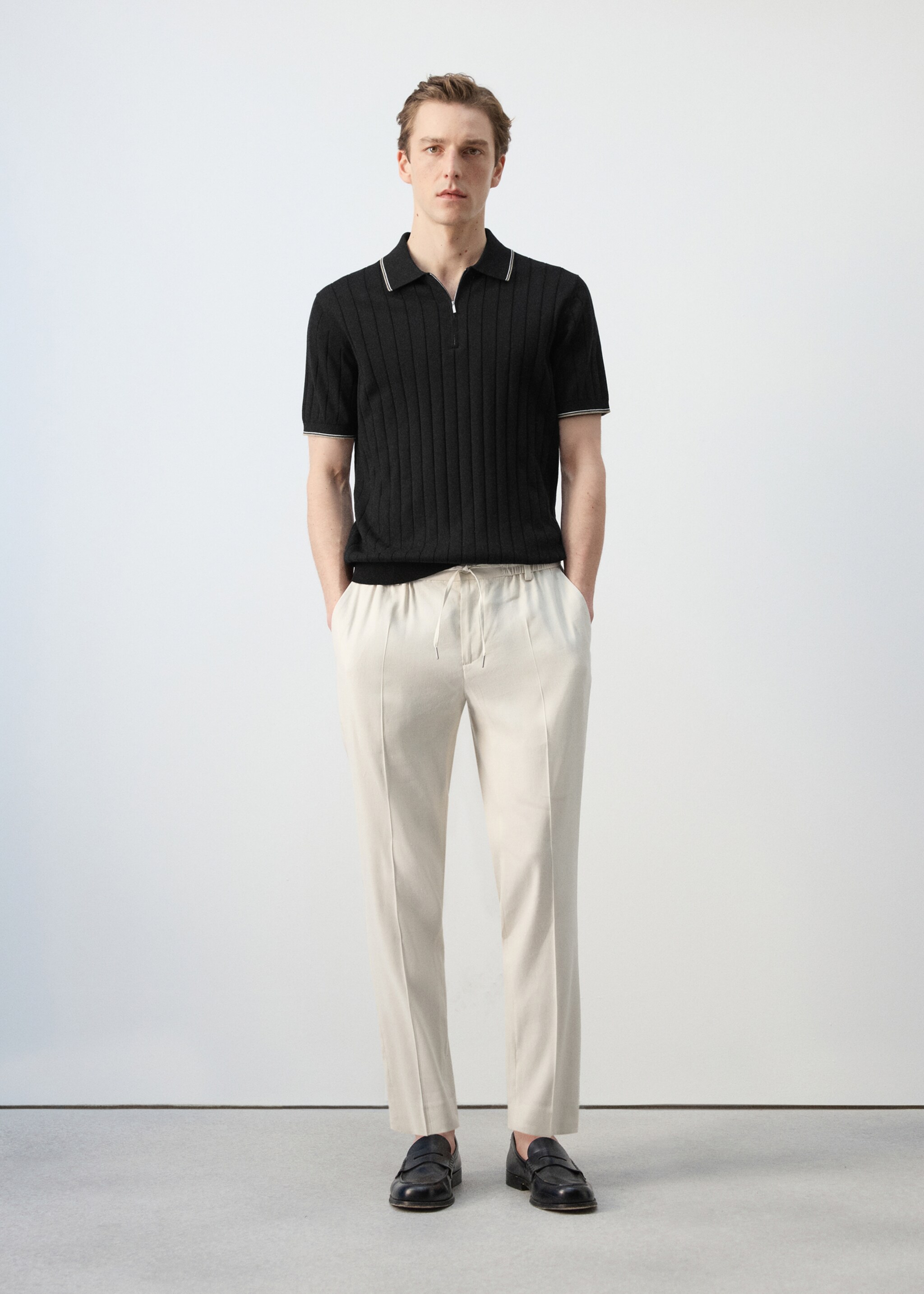 Pantalón slim fit lino cordón - Plano general, Blanco marfil. Ref: 27057895-00.