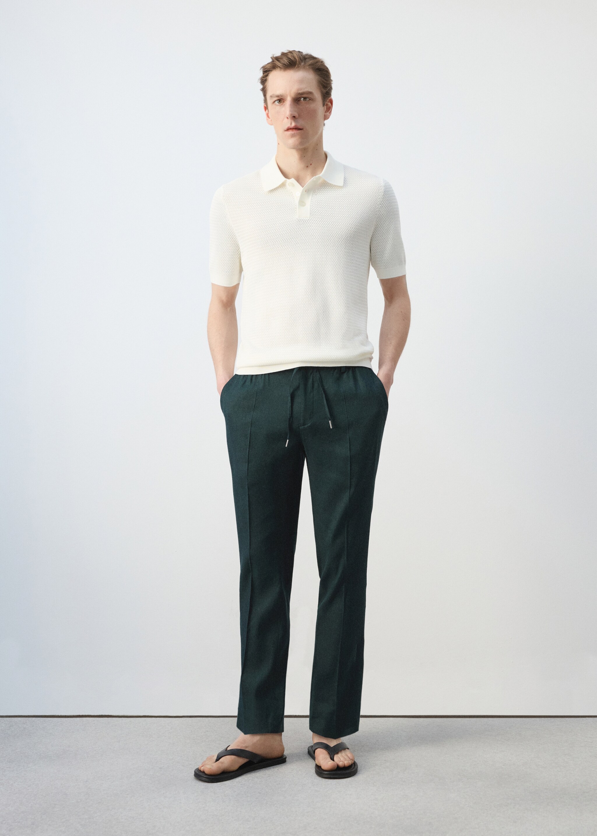 Pantalón slim fit lino cordón - Plano general, Verde oscuro. Ref: 27057895-00.
