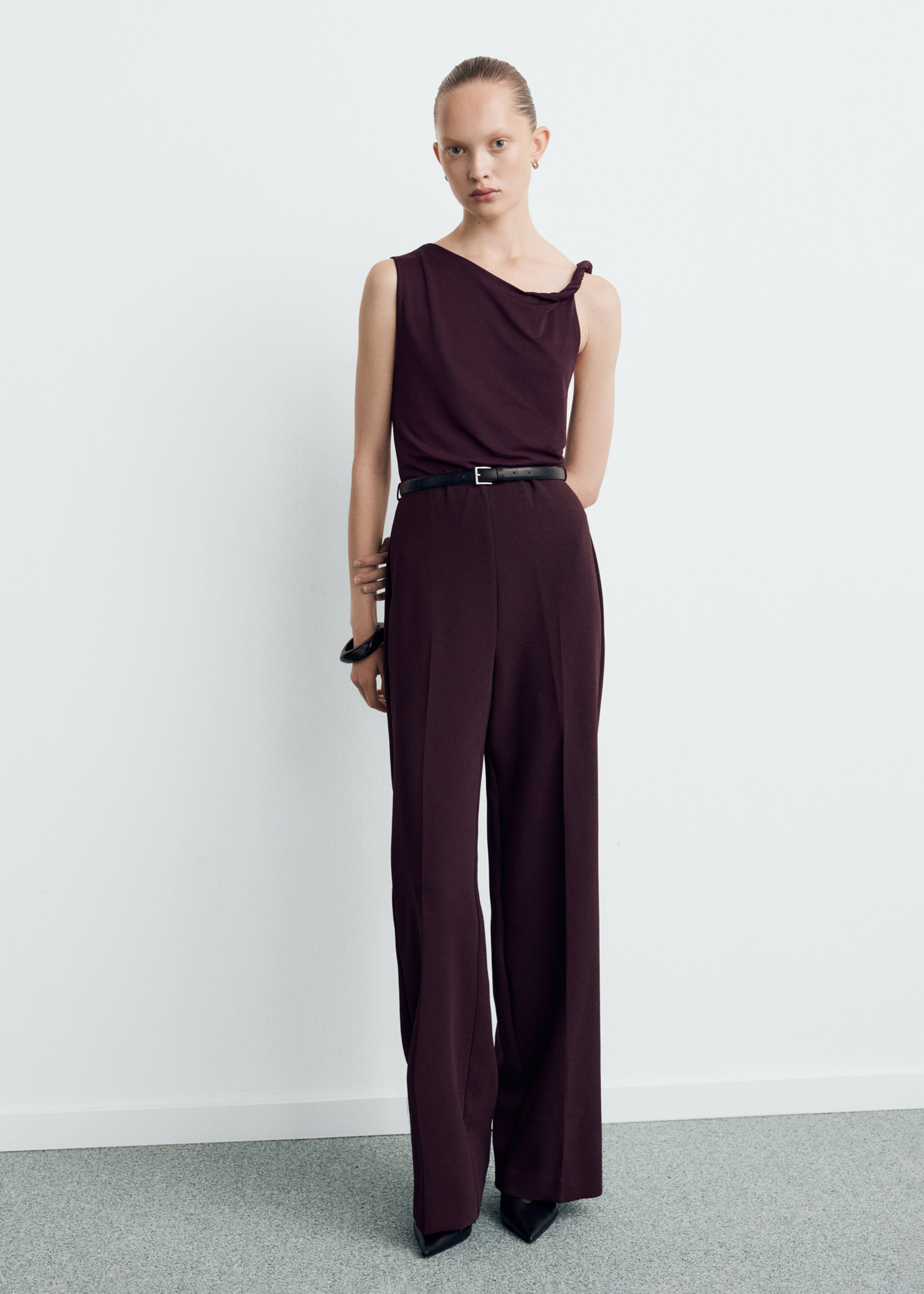 Jumpsuit with asymmetrical neckline and belt - General plane, Wine. Ref: 27061316-00.