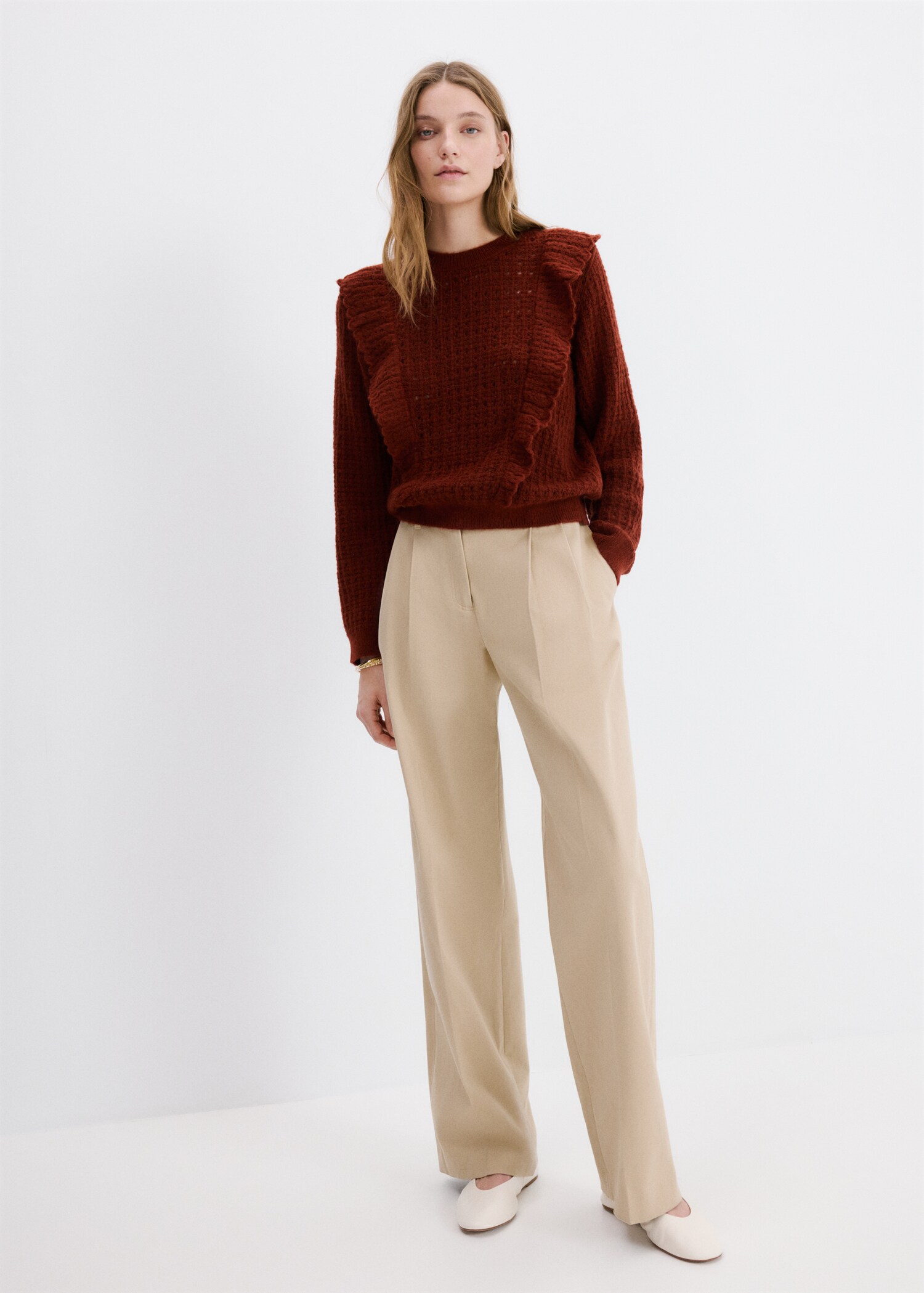 Lochstrickpullover mit Rüschen - Allgemeine Ansicht