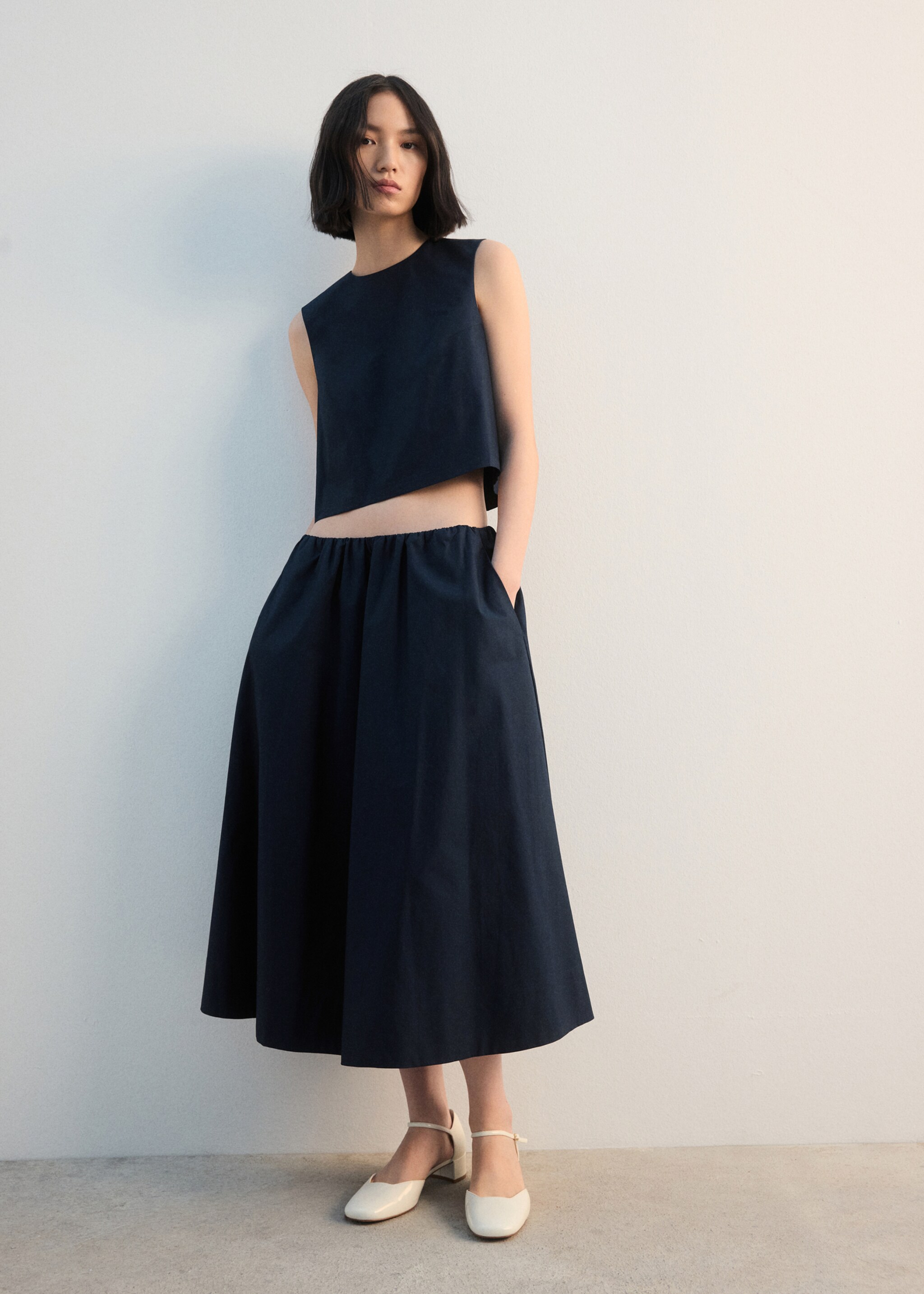 Midi cotton skirt with pleats - General plane, Navy. Ref: 27062538-00.