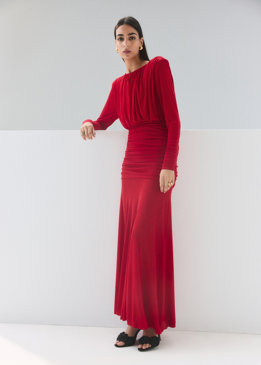 Fine-knit dress with draped bodice