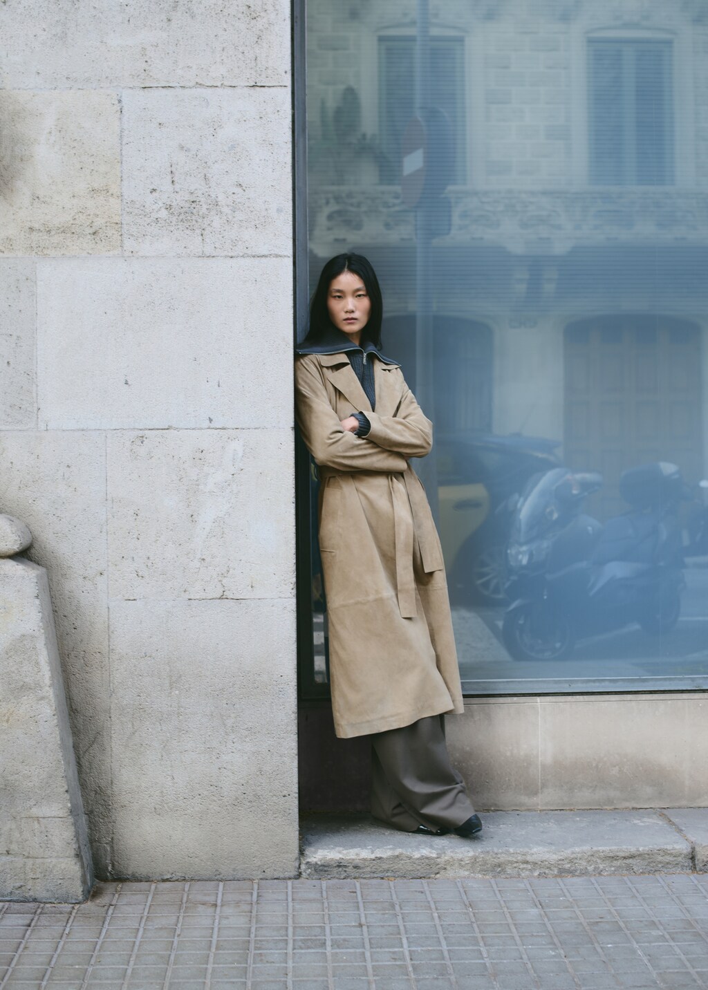 Long suede trench coat with belt