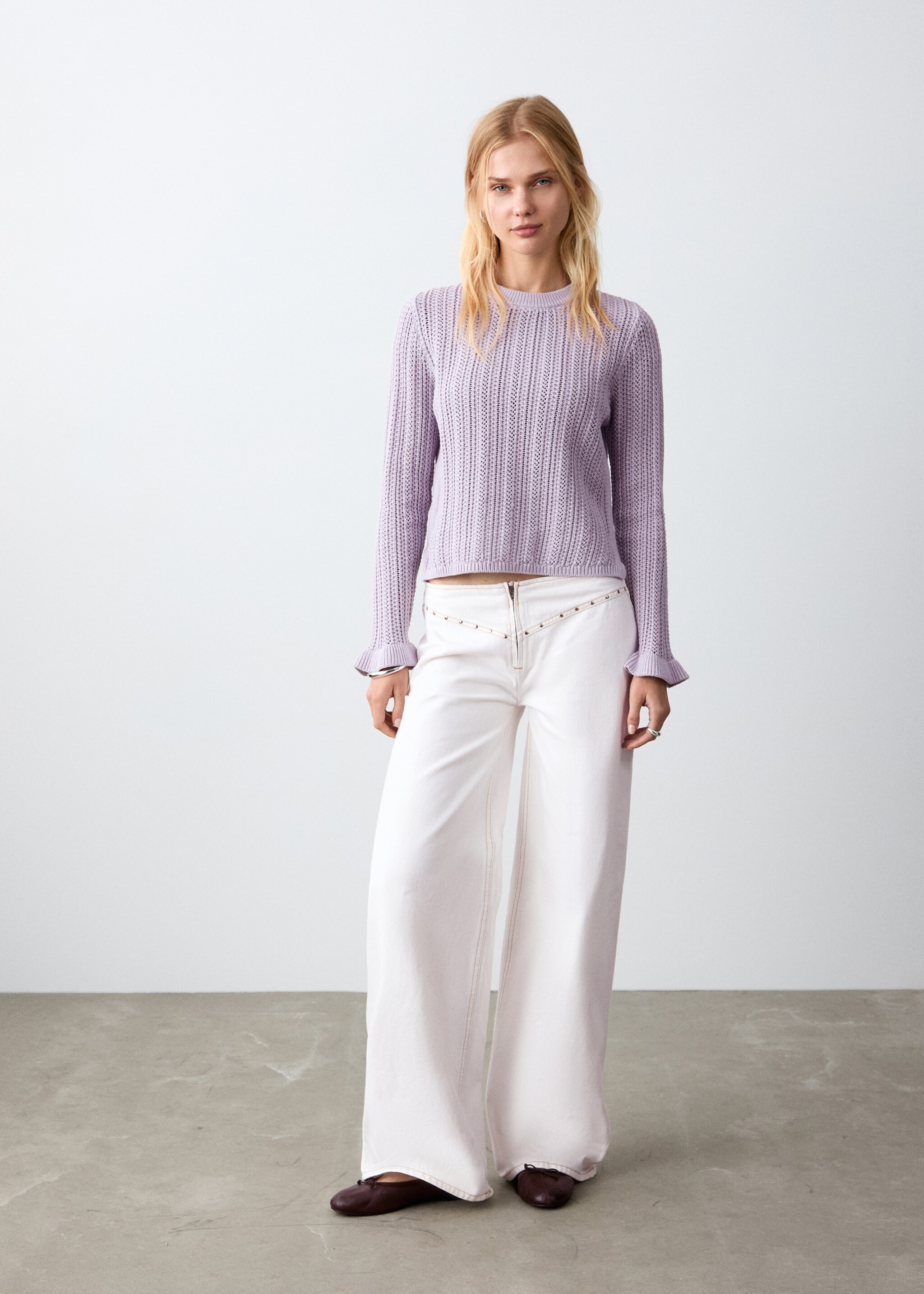 Openwork knitted sweater with ruffles - General plane, Light/Pastel Purple. Ref: 27064771-00.