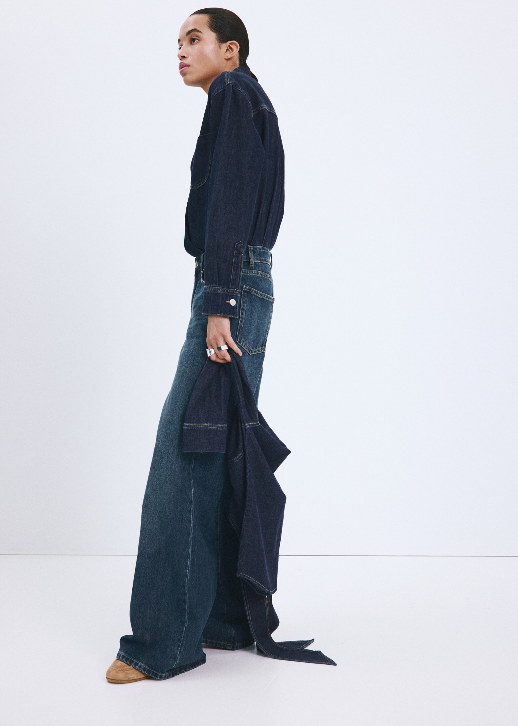 Denim jumpsuit met knopen - Overzichtstekening, Donkerblauw. Ref: 27065812-00.