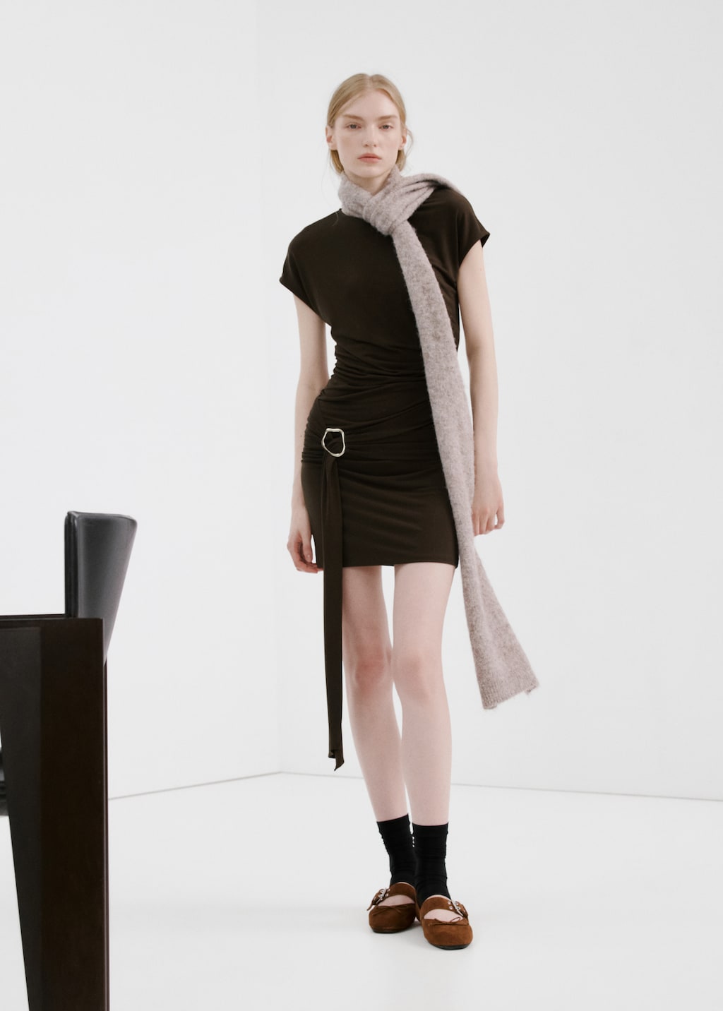 Ruched bodice dress with brooch