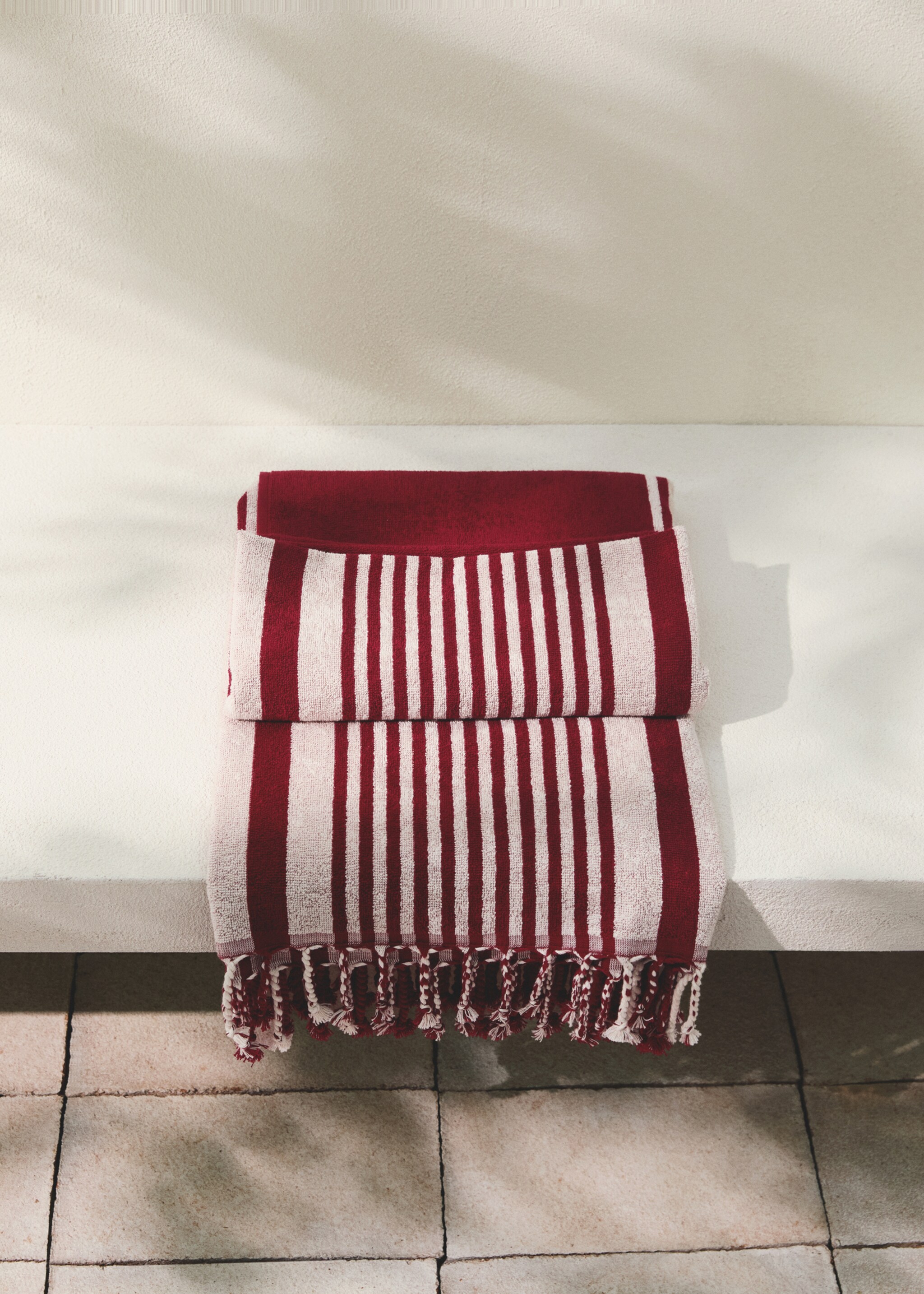 Striped beach towel with tassel detail - General plane, Maroon. Ref: 27066357-00.