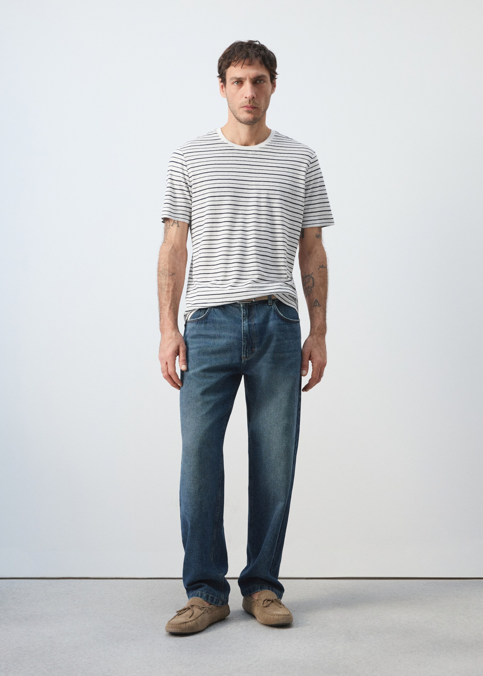 T-shirt lin slim-fit rayures - Plan général, Blanc. Ref: 27067896-00.