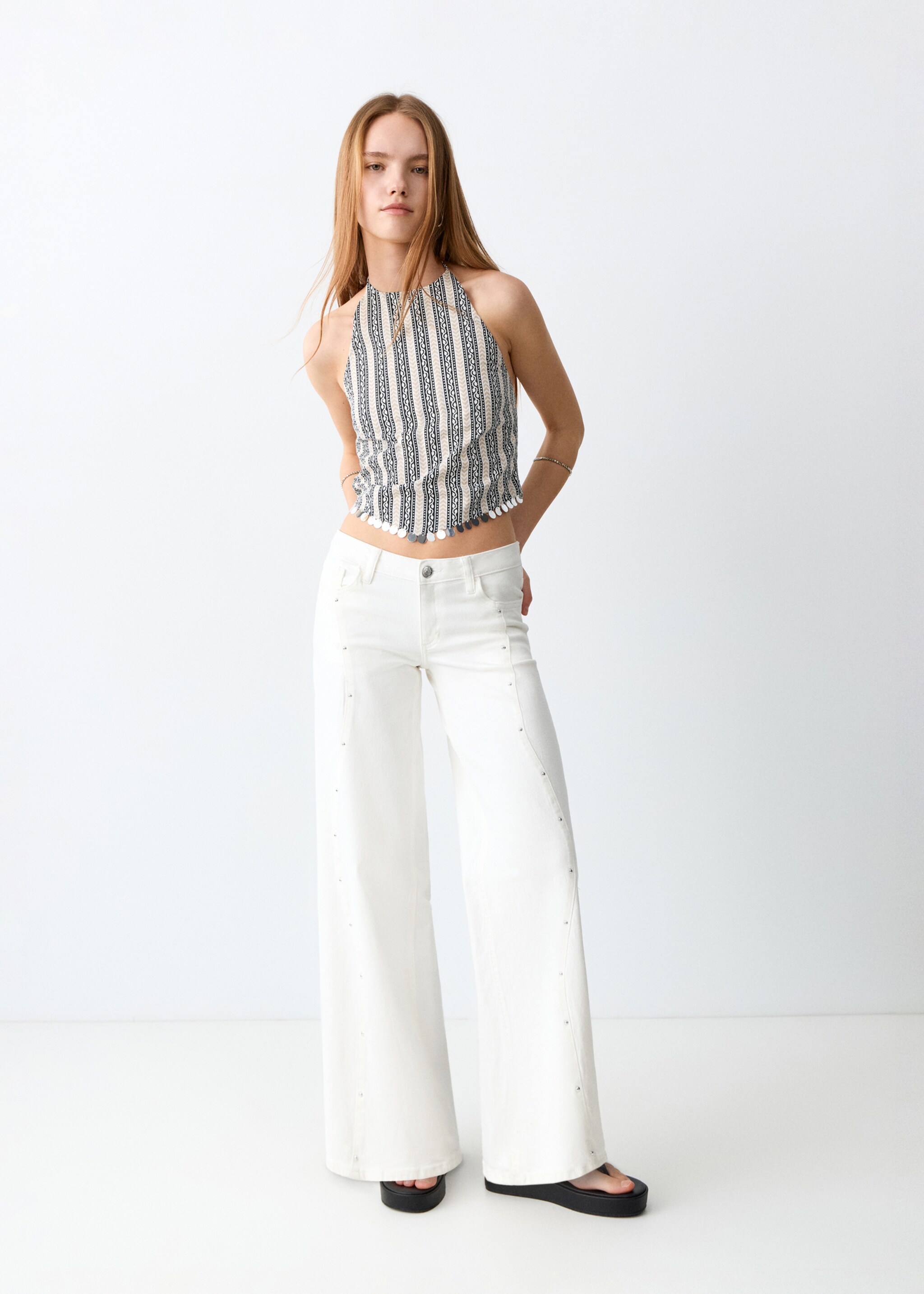 Printed halter-neck cropped top - General plane, Ecru. Ref: 27067900-00.