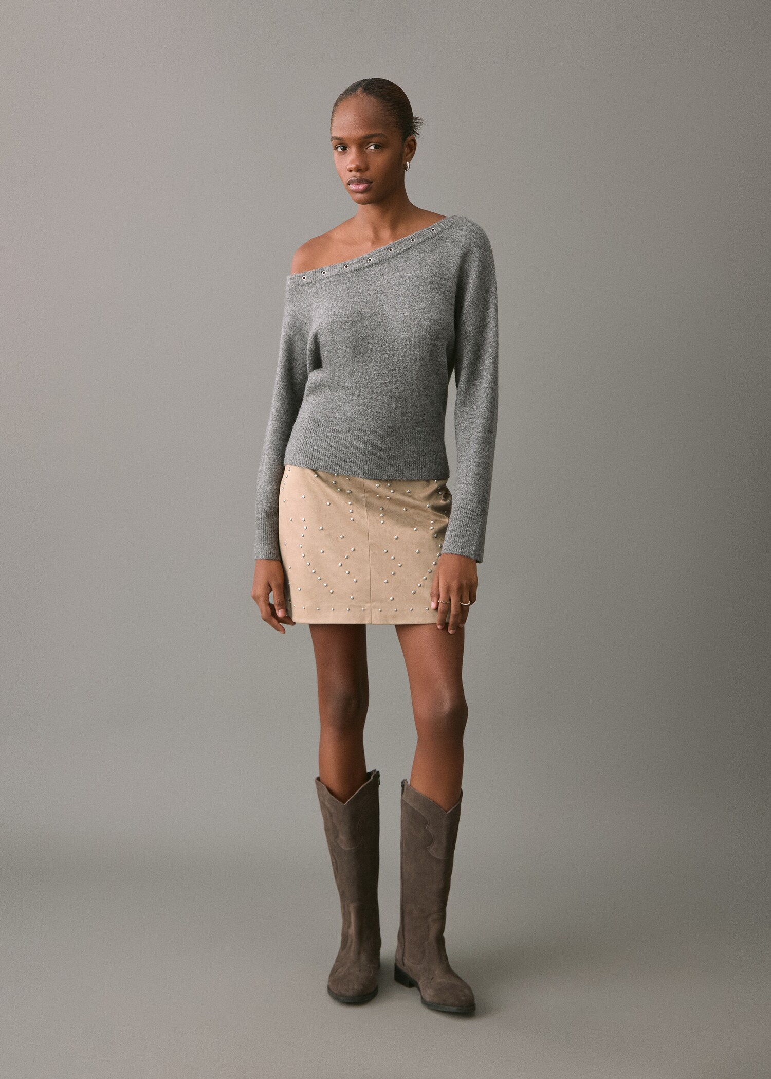Studded suede short skirt - General plane