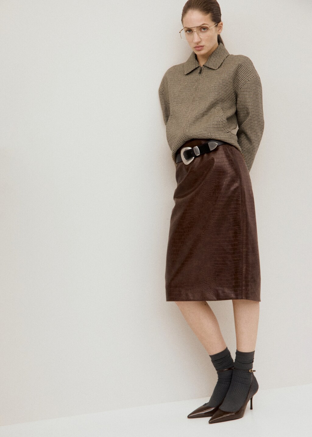 Croc-effect midi-skirt