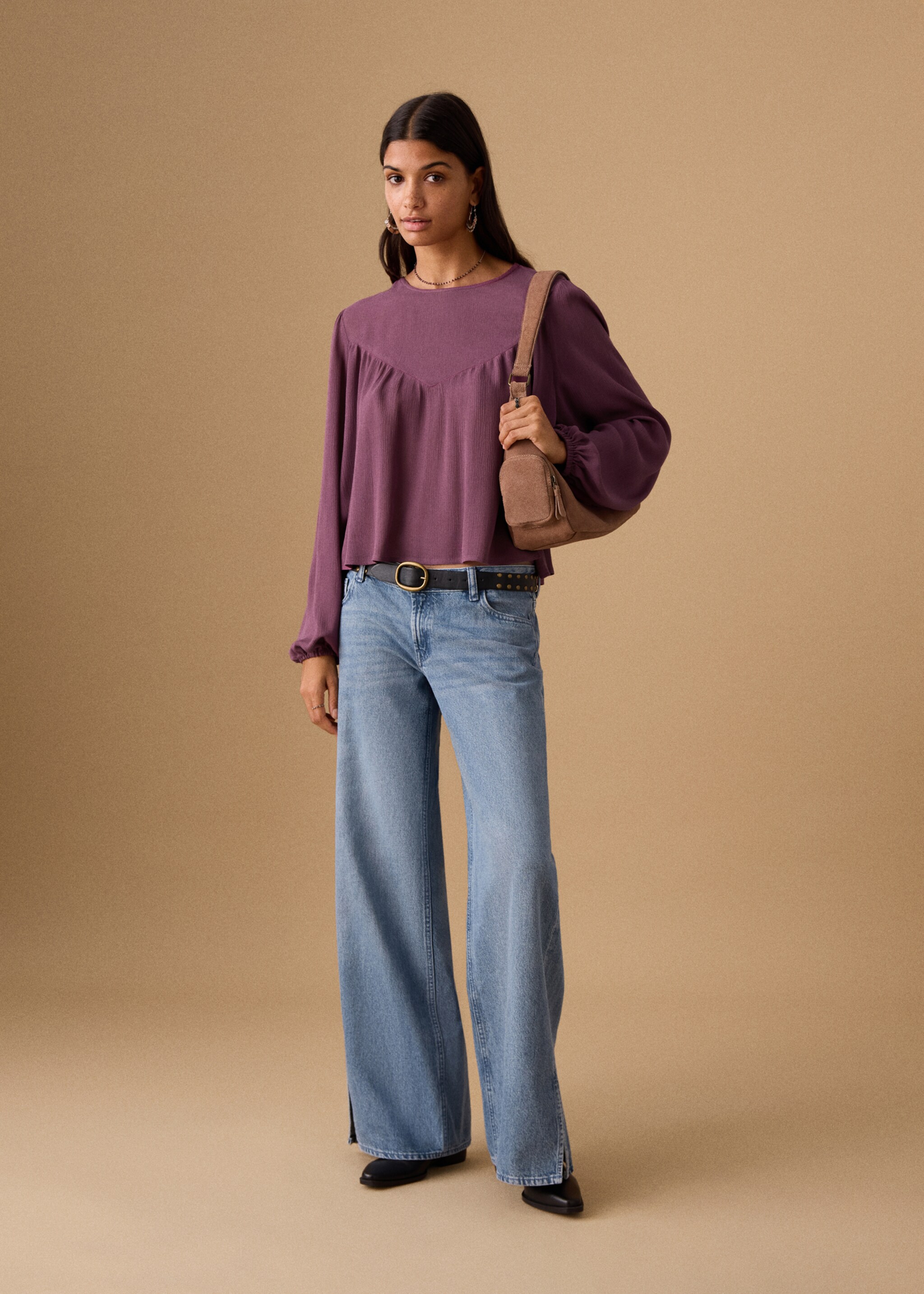 Blusa fluida fruncida - Plano general, Morado. Ref: 27071510-00.