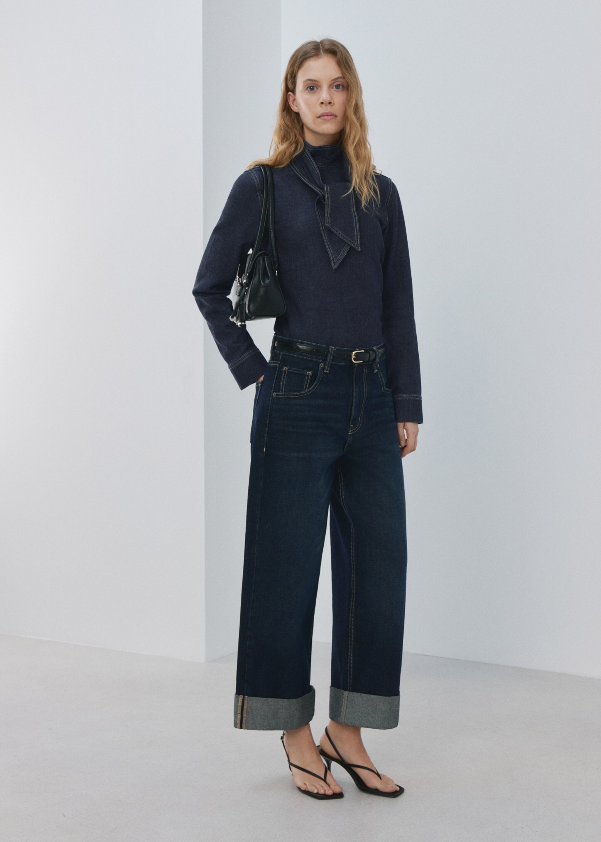 Camisa denim cierre lazo - Plano general, Azul oscuro. Ref: 27073297-00.