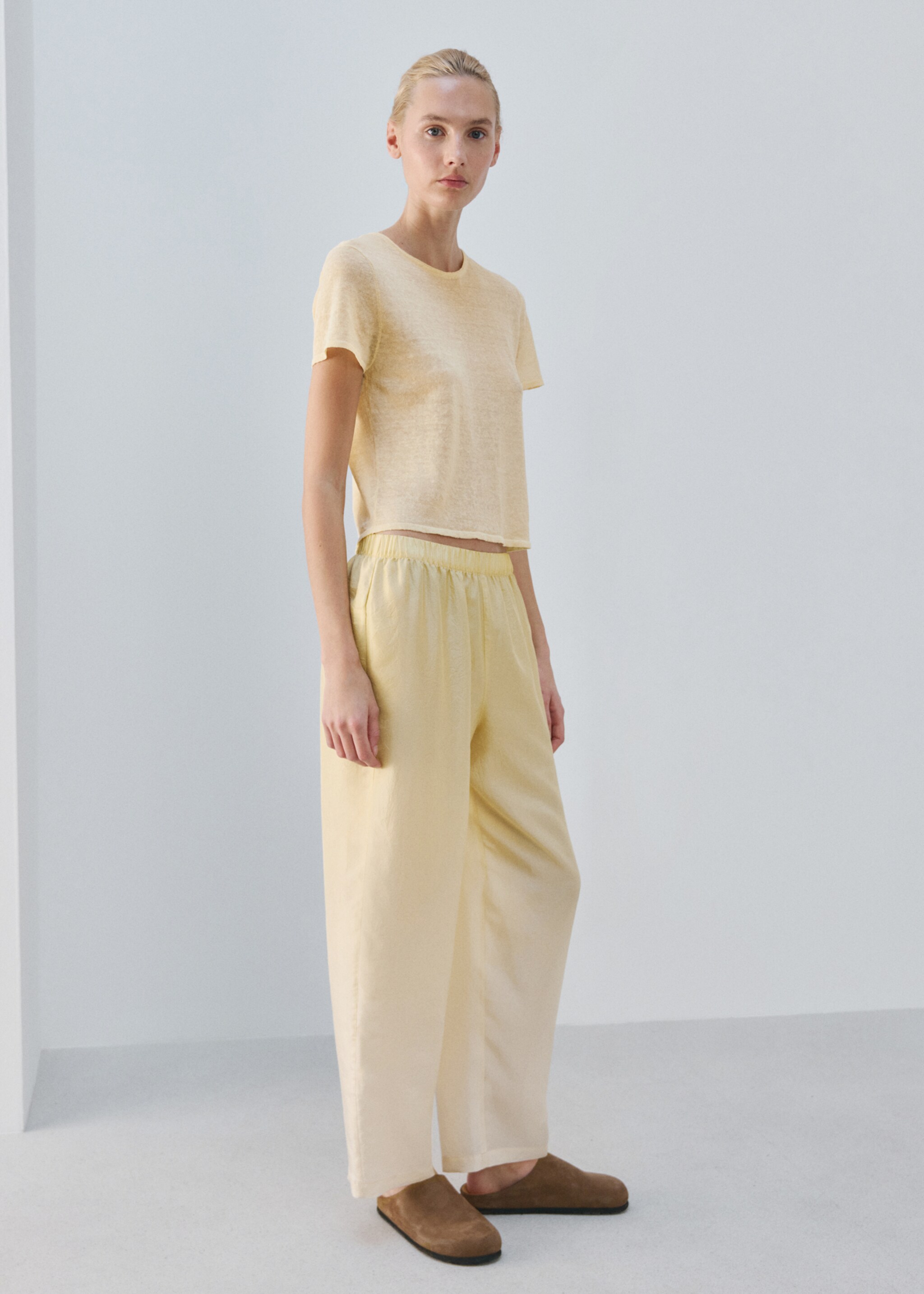 Camiseta manga corta mezcla lino pastel - Plano general, Amarillo pastel. Ref: 27073314-00.