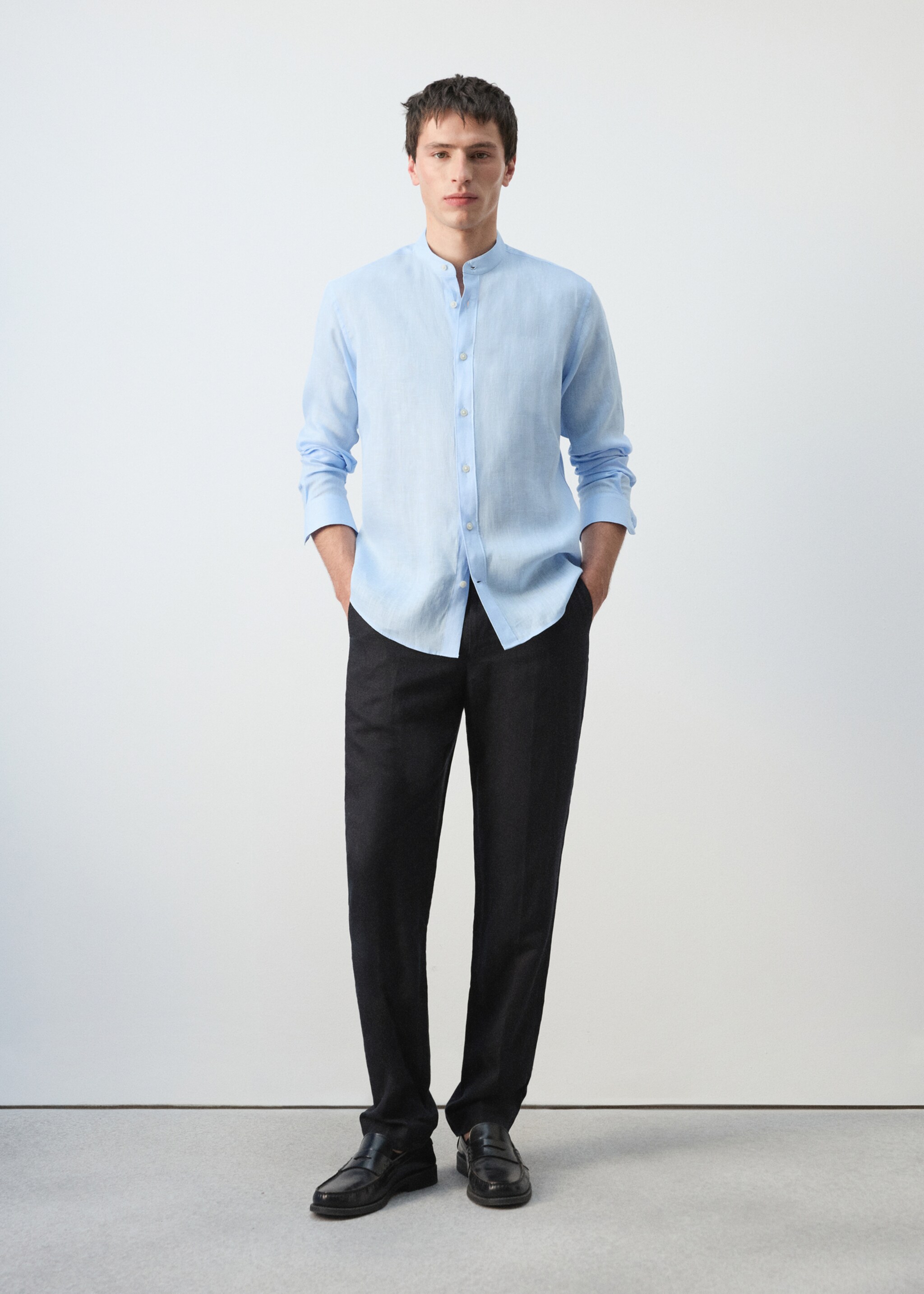 100% linen Mao collar shirt - General plane, Sky Blue. Ref: 27075937-00.