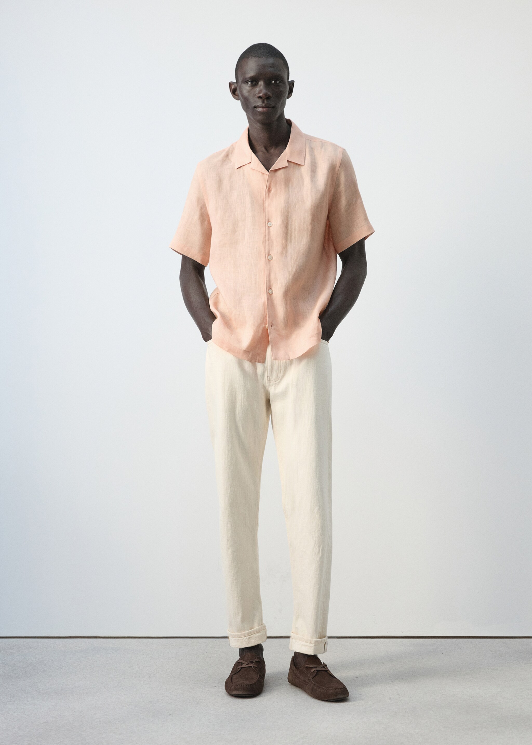 100% linen bowling-collar shirt - General plane, Peach. Ref: 27075948-00.