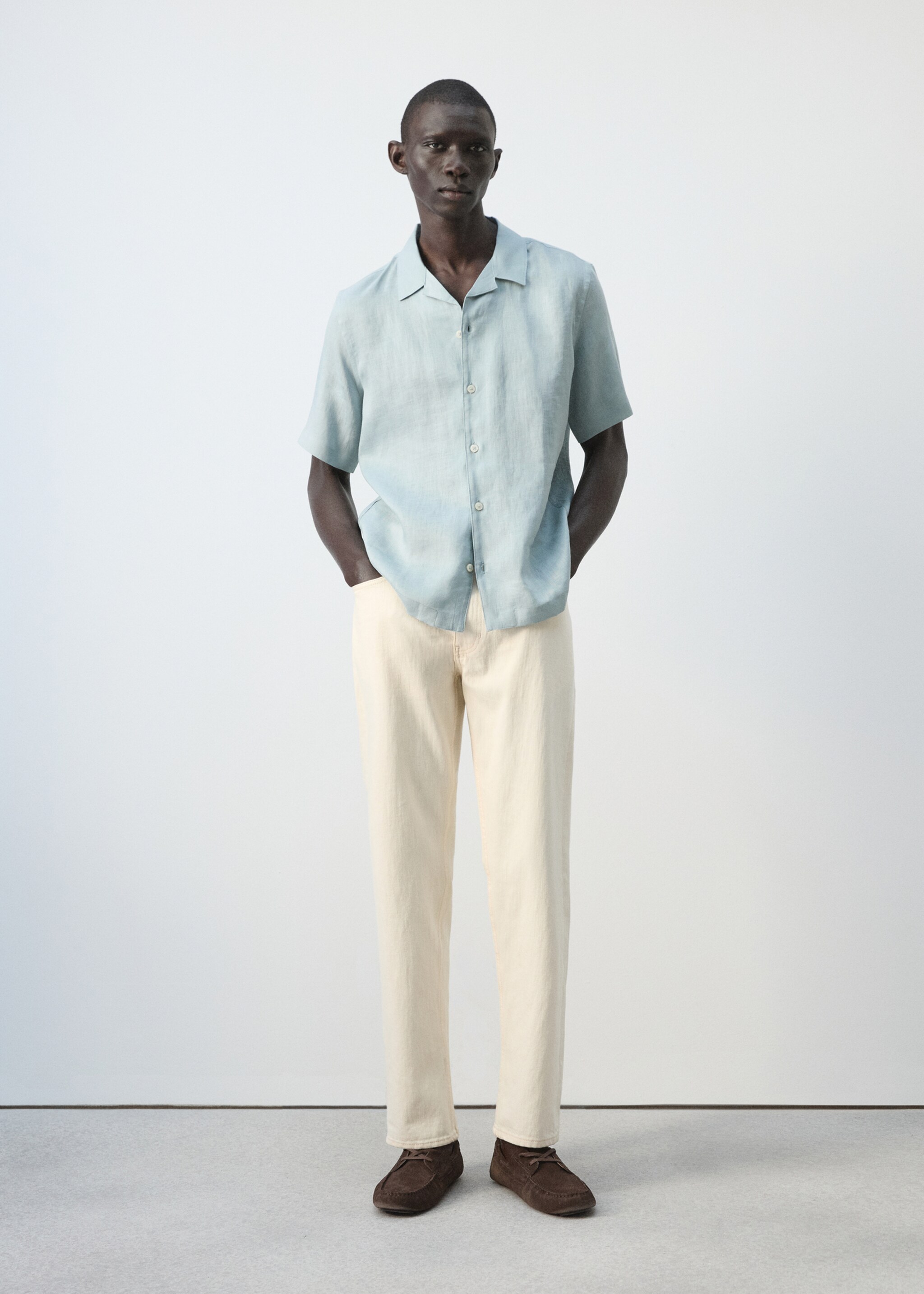 100% linen bowling-collar shirt - General plane, China Blue. Ref: 27075948-00.