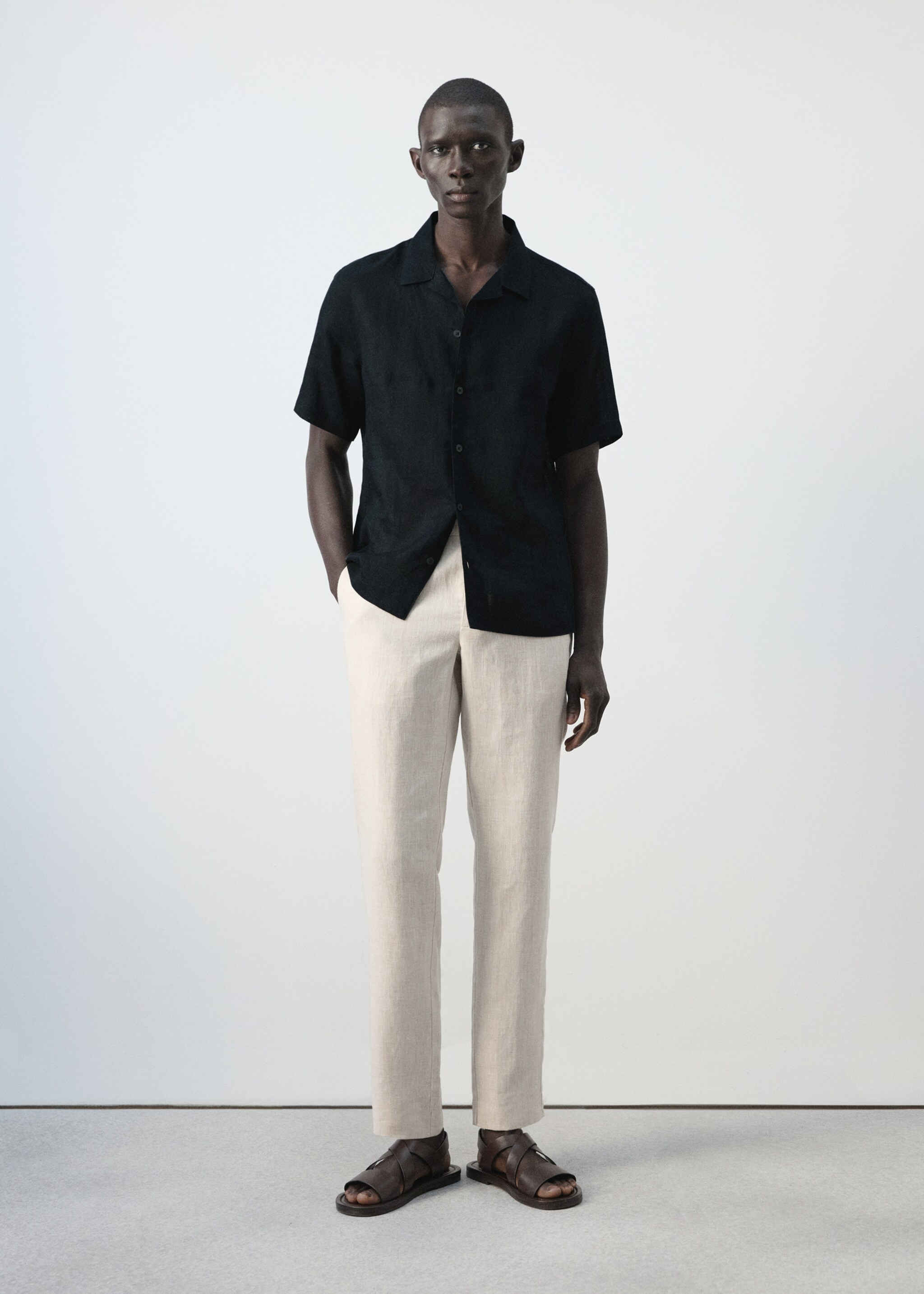 100% linen bowling-collar shirt - General plane, Navy. Ref: 27075948-00.