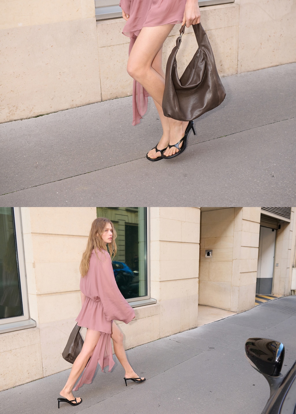 Leather sack-style bag with metallic detail