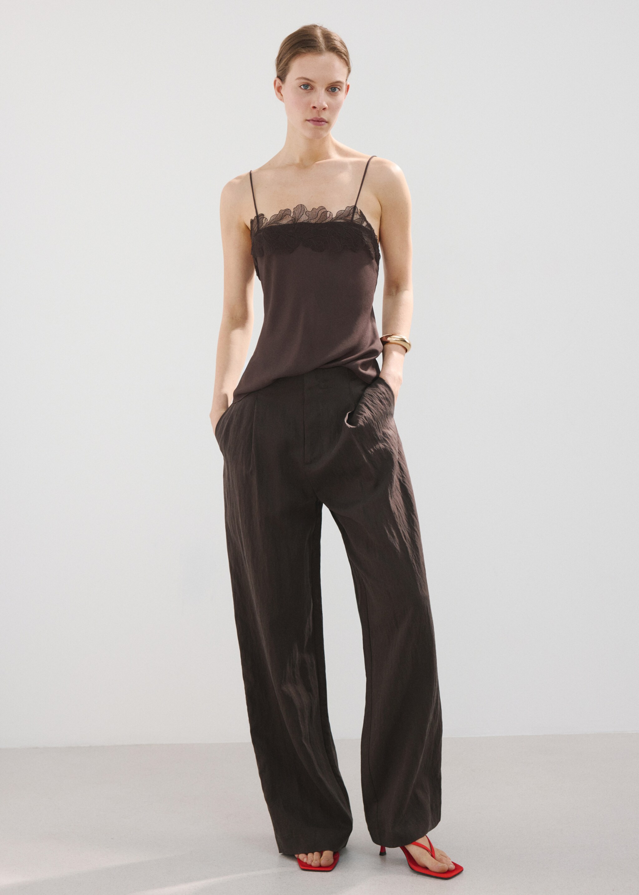 Lace trim top - General plane, Chocolate. Ref: 27077145-00.