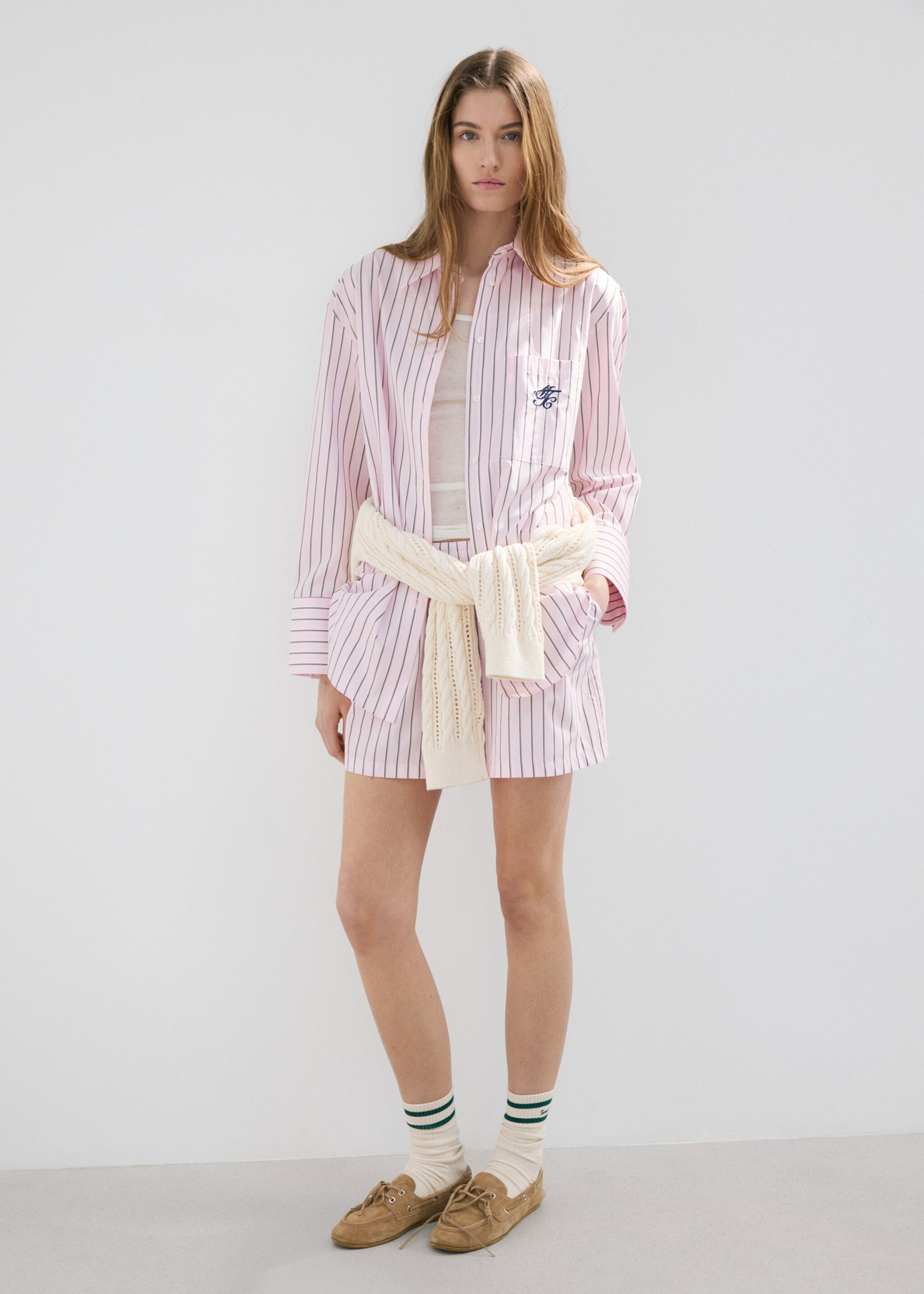 Striped poplin shorts with embroidered message - General plane, Pastel Pink. Ref: 27077167-00.