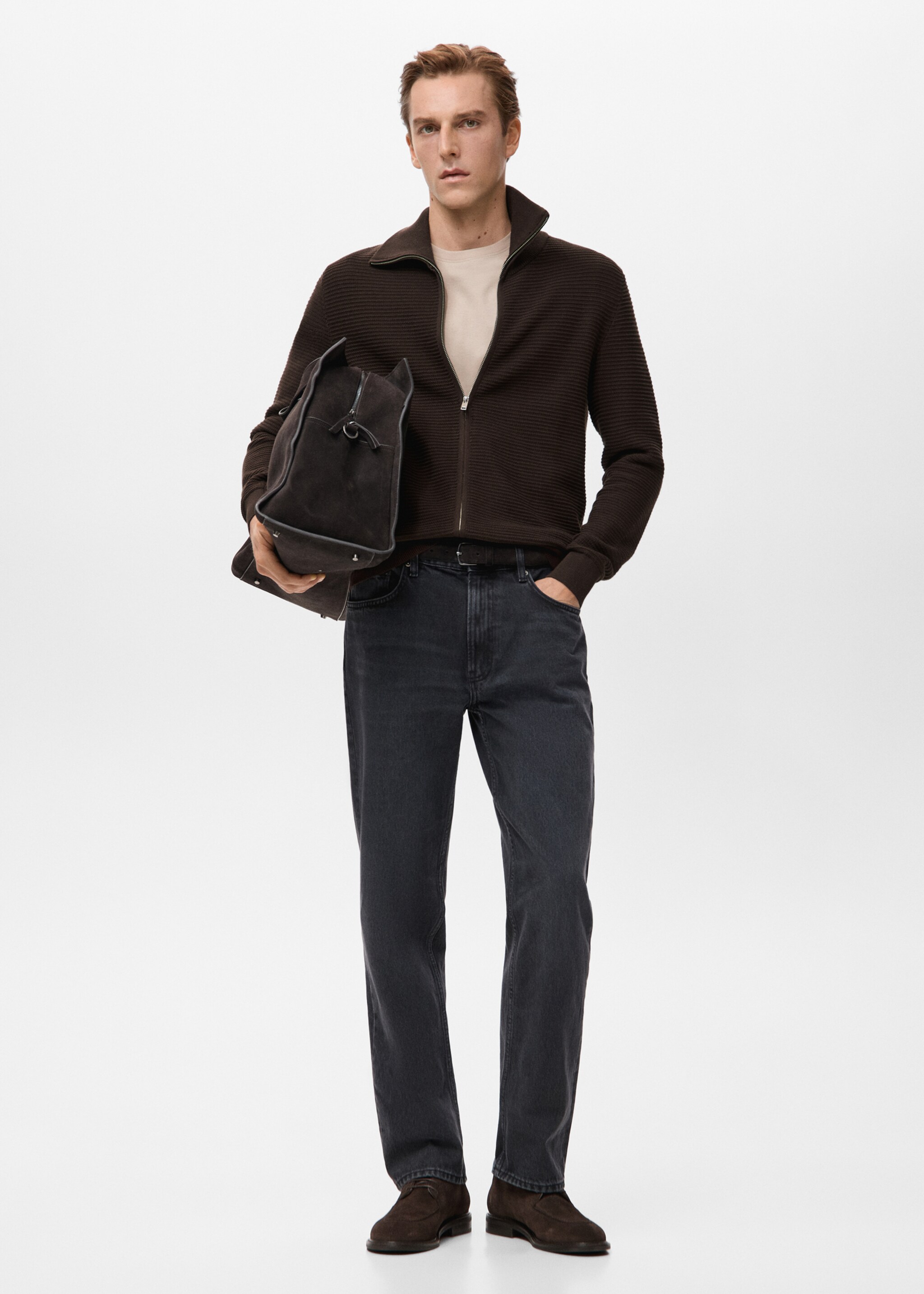 Structured knitted cardigan with zip - General plane, Chocolate. Ref: 27081259-00.