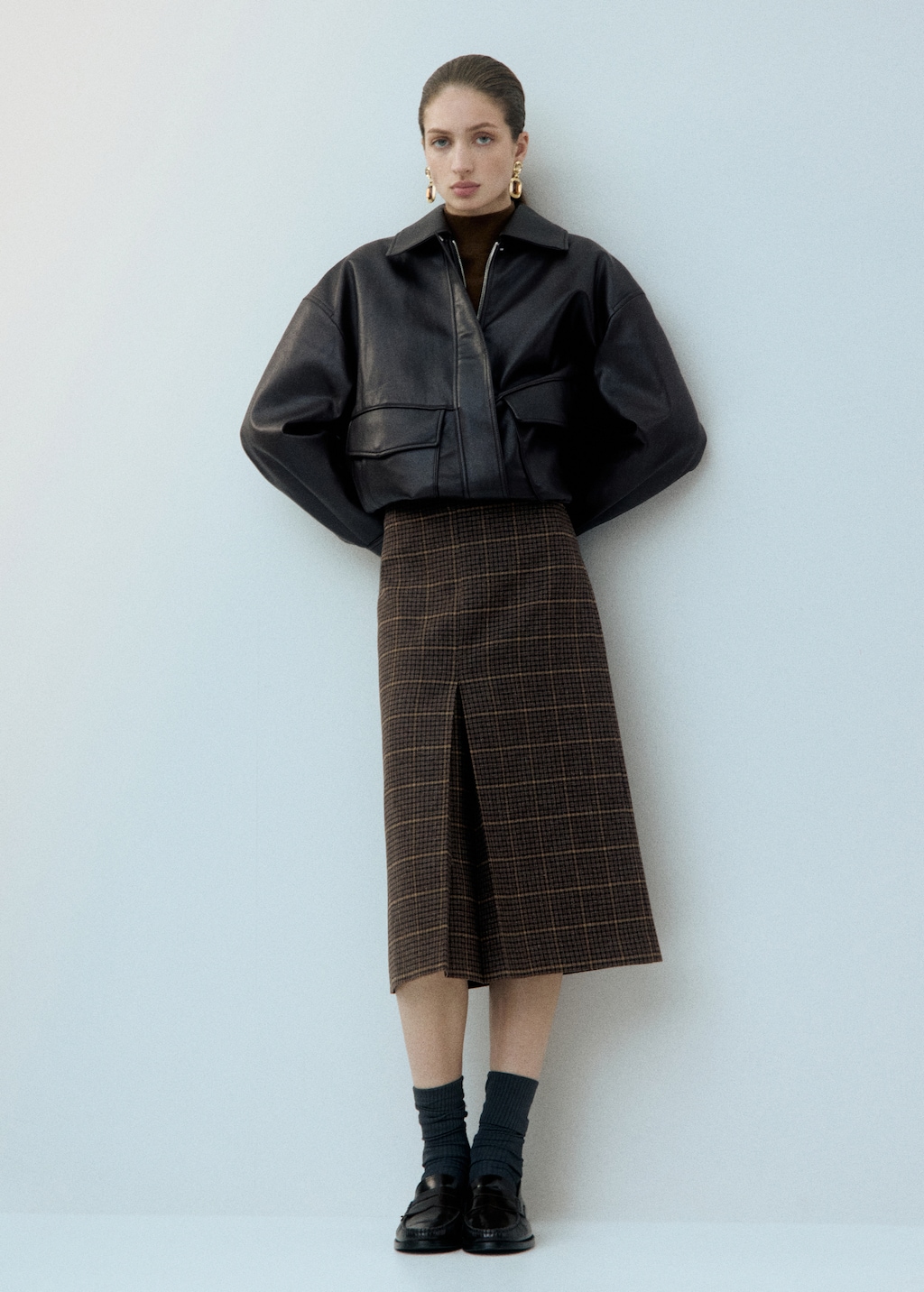 Wool-blend check midi-skirt