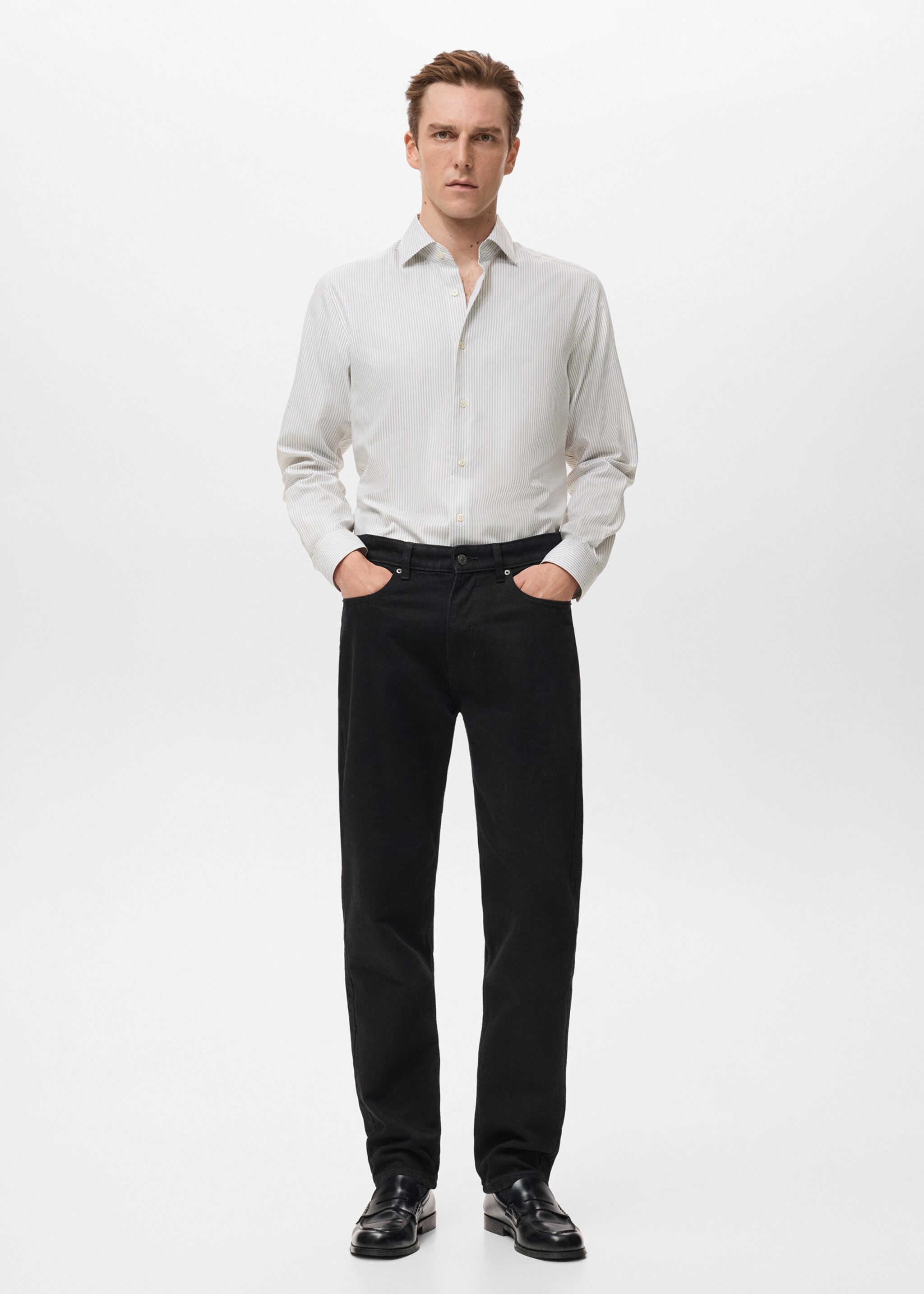 Chemise 100 % coton rayures slim-fit - Plan général, Gris chiné clair. Ref: 27081313-00.