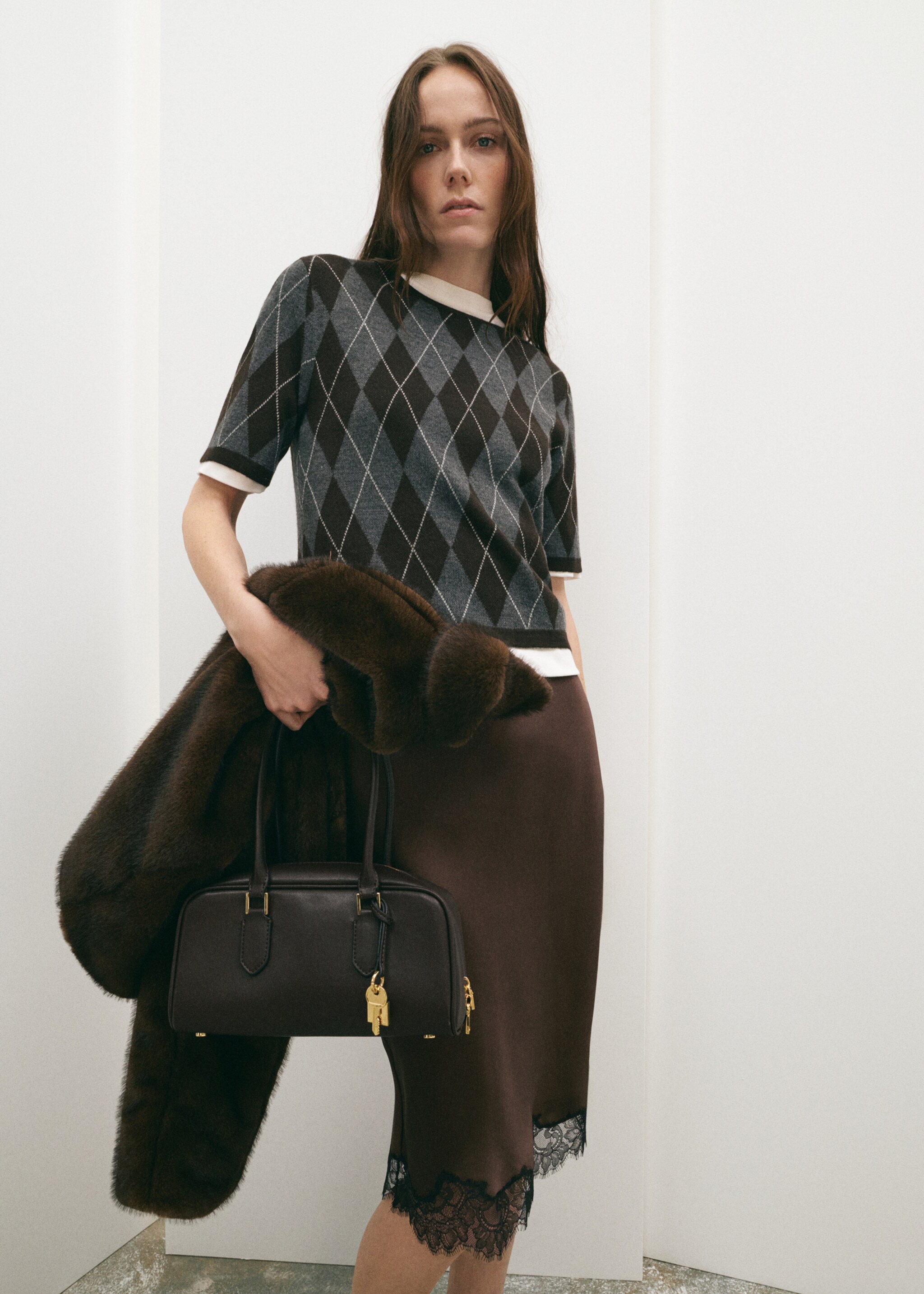 Satin lace skirt - General plane, Brown. Ref: 27081334-00.