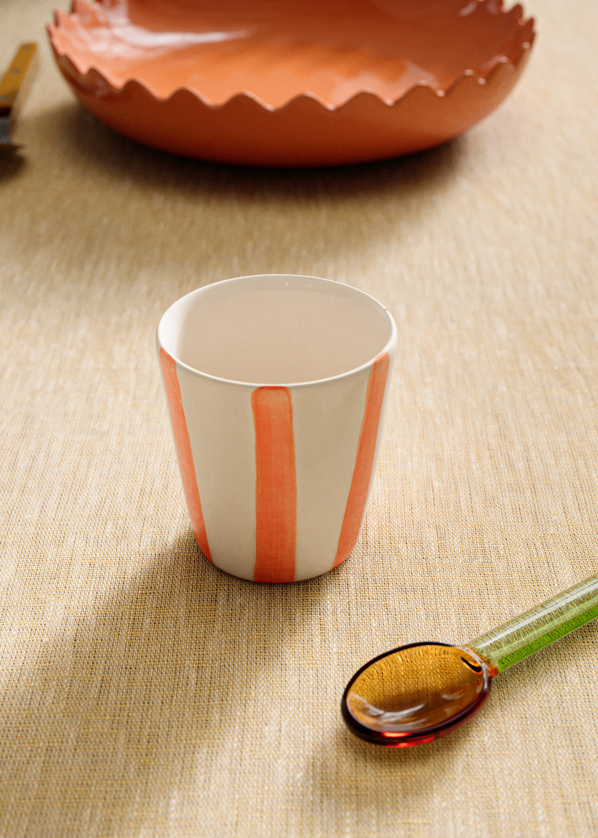 Espresso stoneware mug with stripes - General plane, Orange. Ref: 27081528-00.