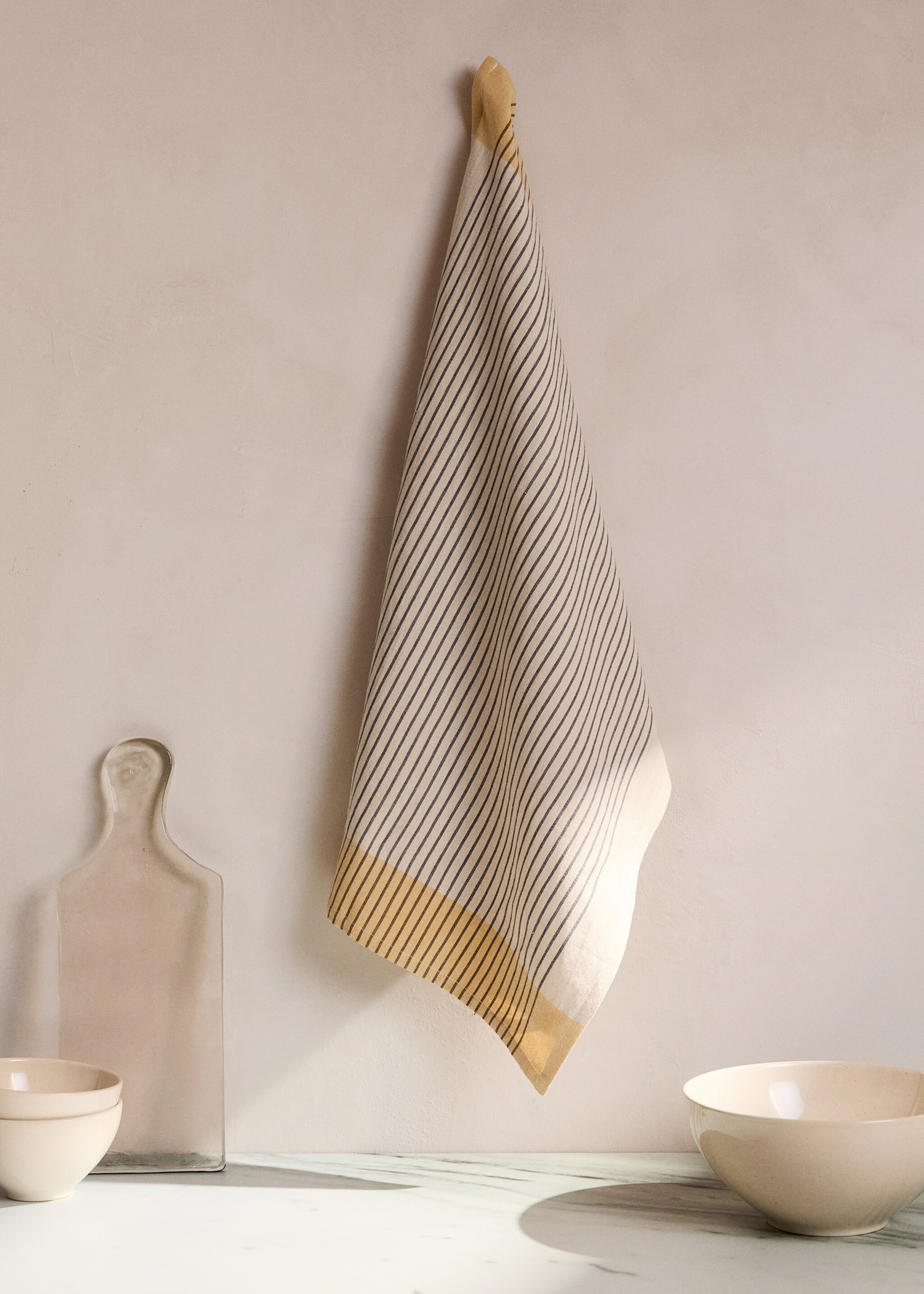 Torchon de cuisine coton et lin rayures - Plan général, Pêche. Ref: 27082931-00.